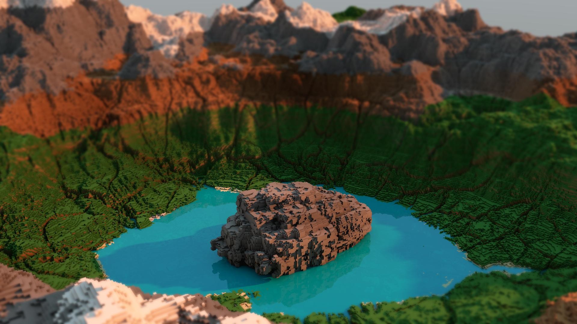 Minecraft landscape with a lake and rock formation HD Wallpaper