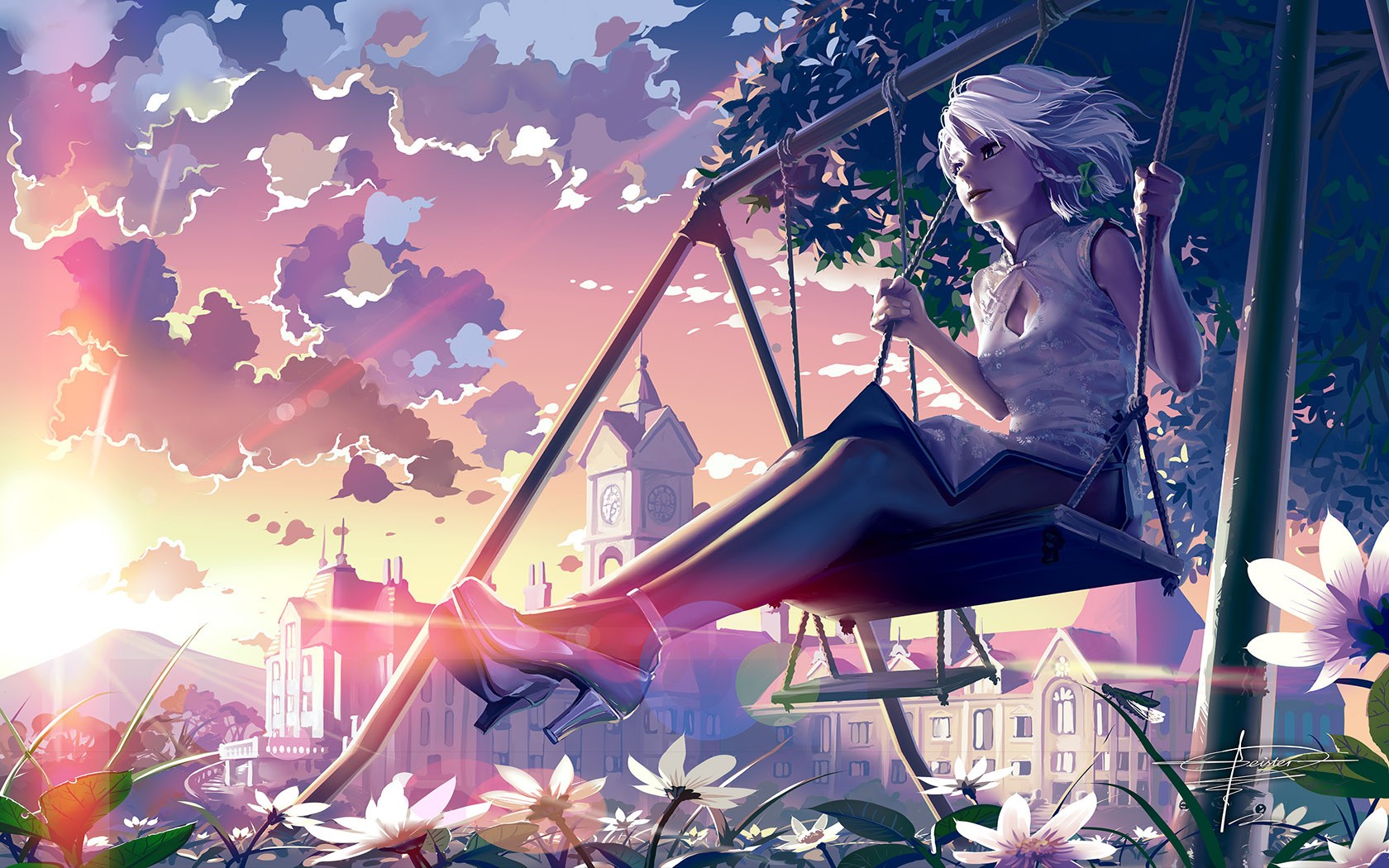 Anime girl on a swing at sunset HD Wallpaper