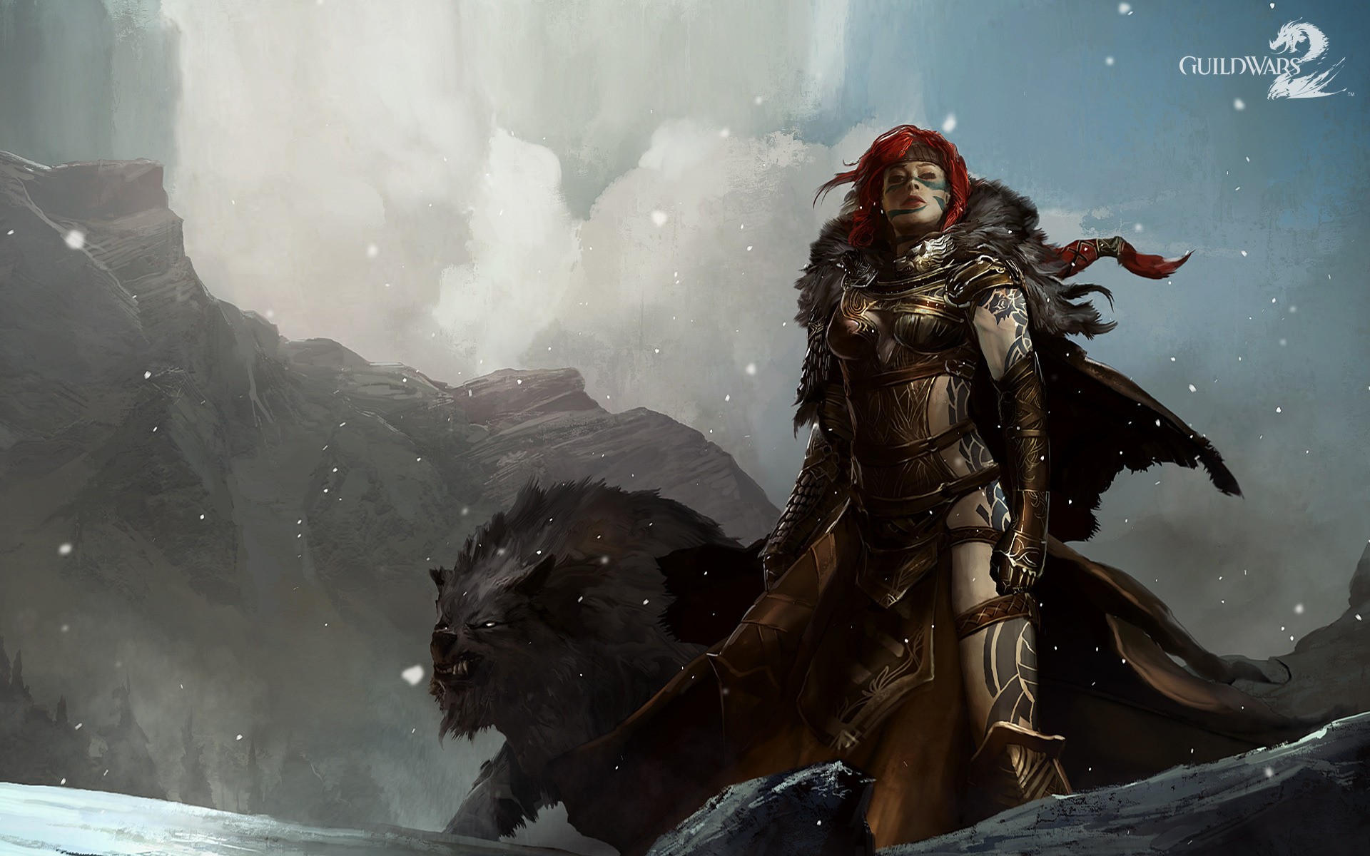 Guild Wars 2 warrior with wolf in snowy mountains HD Wallpaper