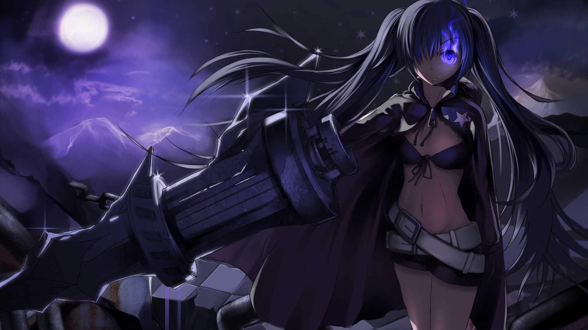 Black Rock Shooter with a large gun under the moon HD Wallpaper