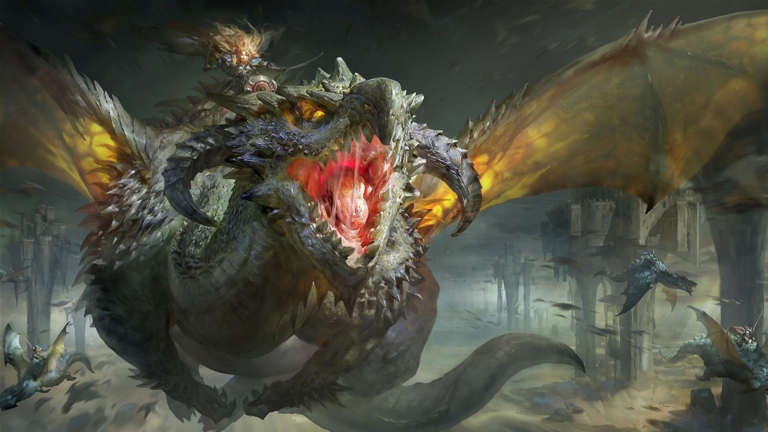 Dragon rider in a fantasy battle HD Wallpaper