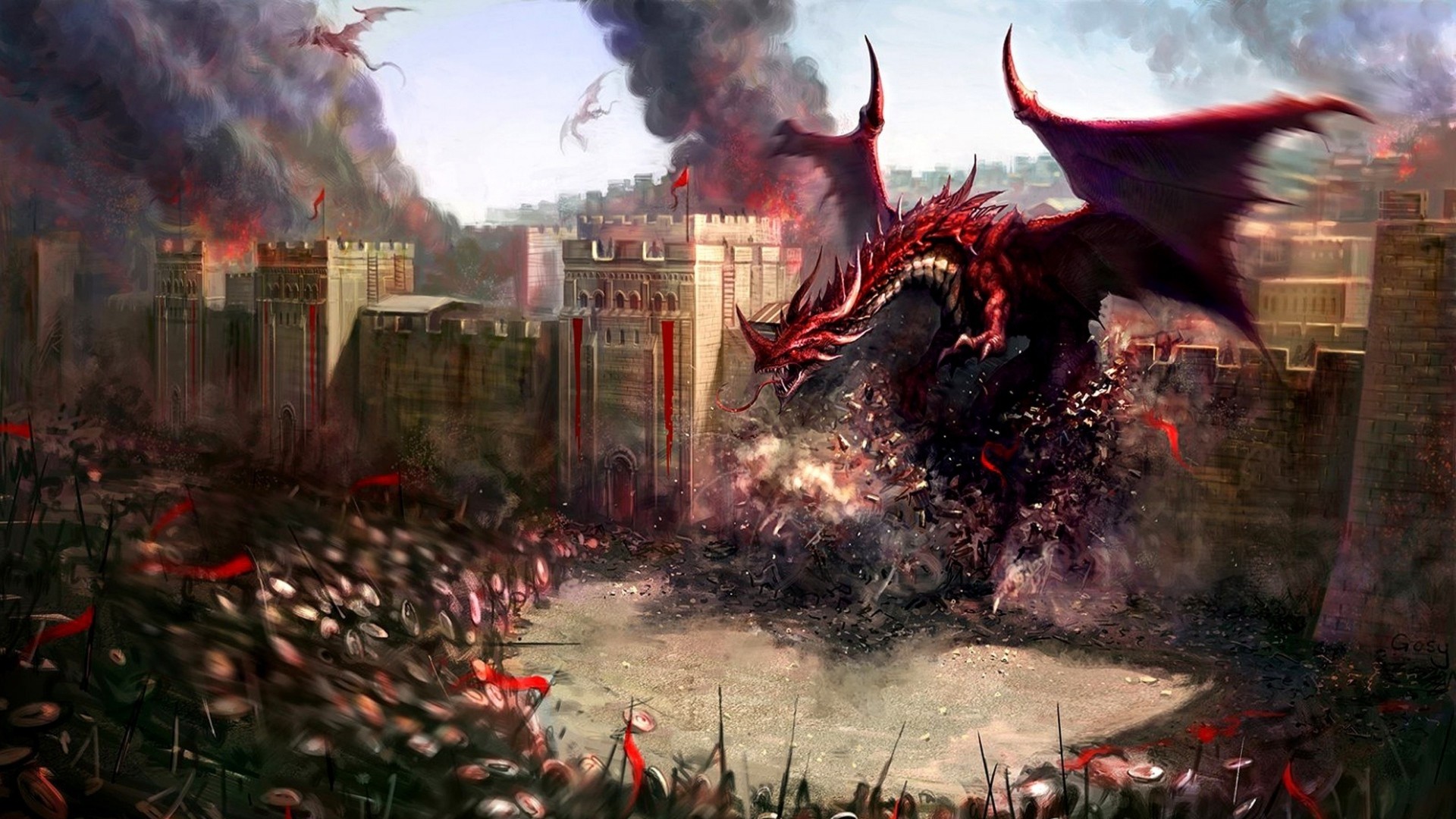 Red Dragon attacking a medieval castle with soldiers HD Wallpaper