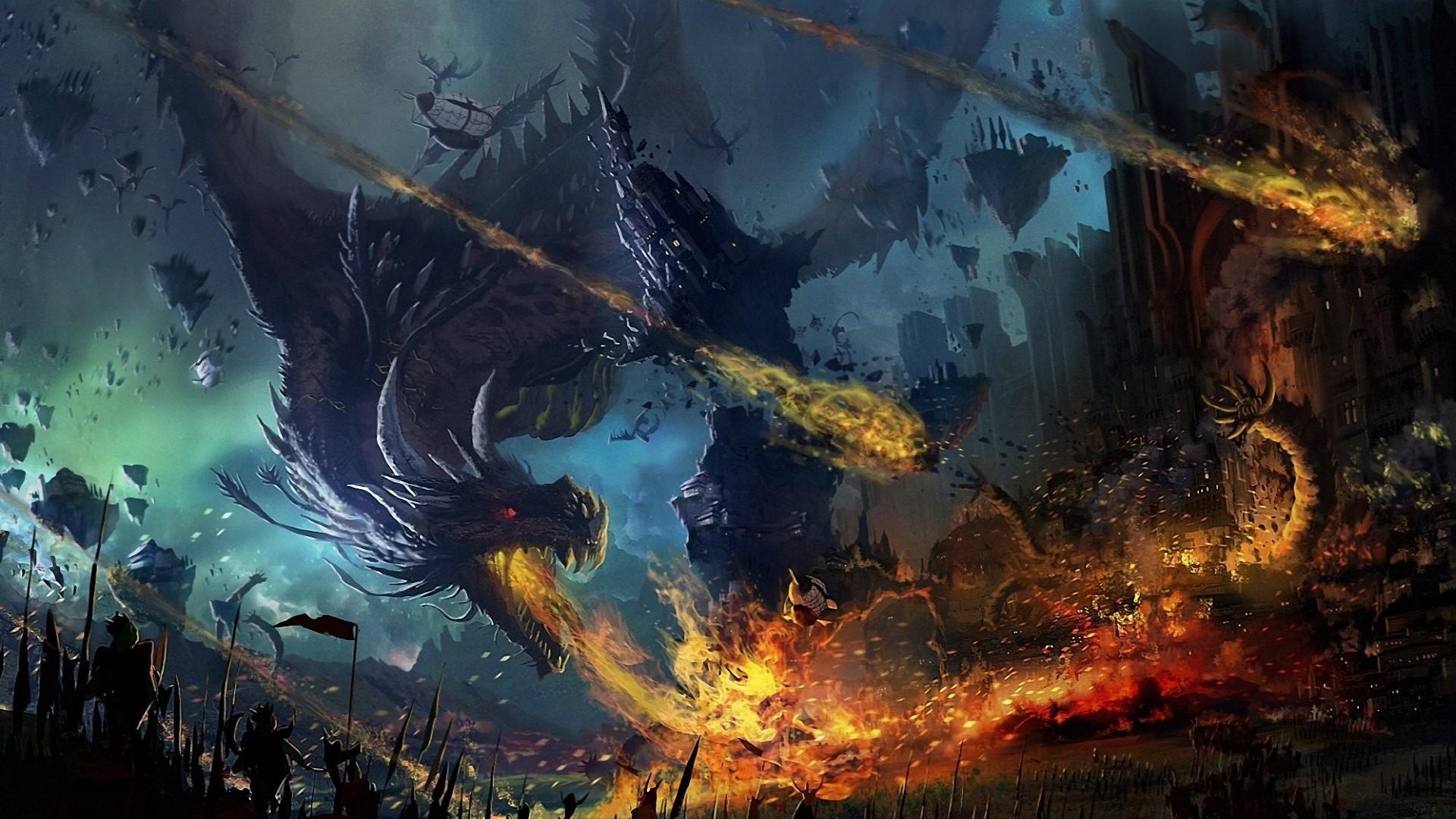 Dragons attacking a city with armies below HD Wallpaper
