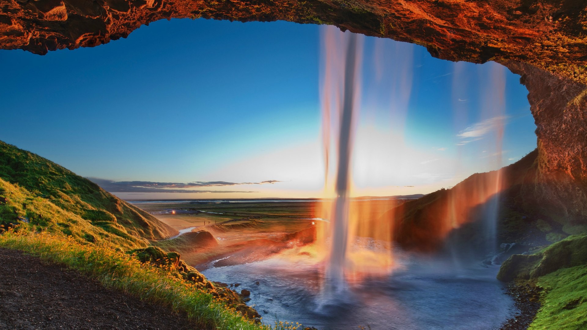 Seljalandsfoss waterfall in Iceland at sunset HD Wallpaper
