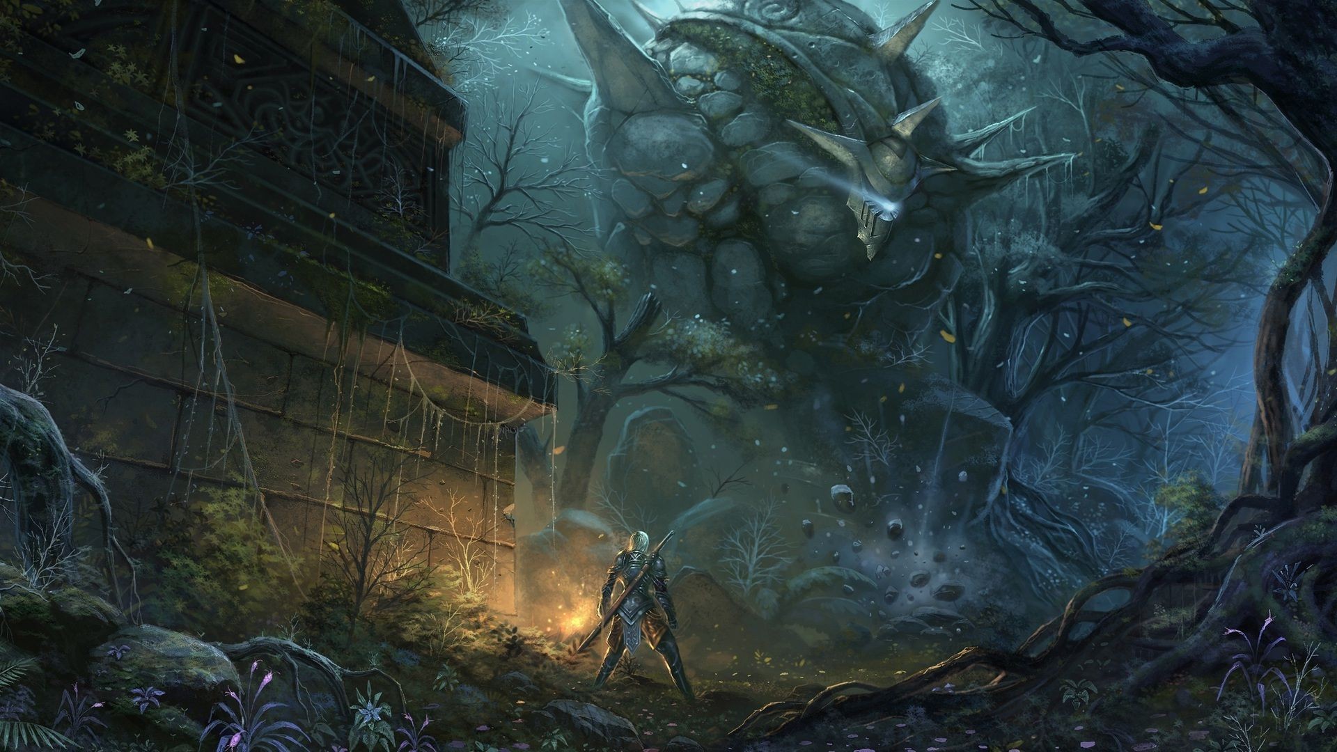 Fantasy knight faces a giant stone creature in a dark forest HD Wallpaper