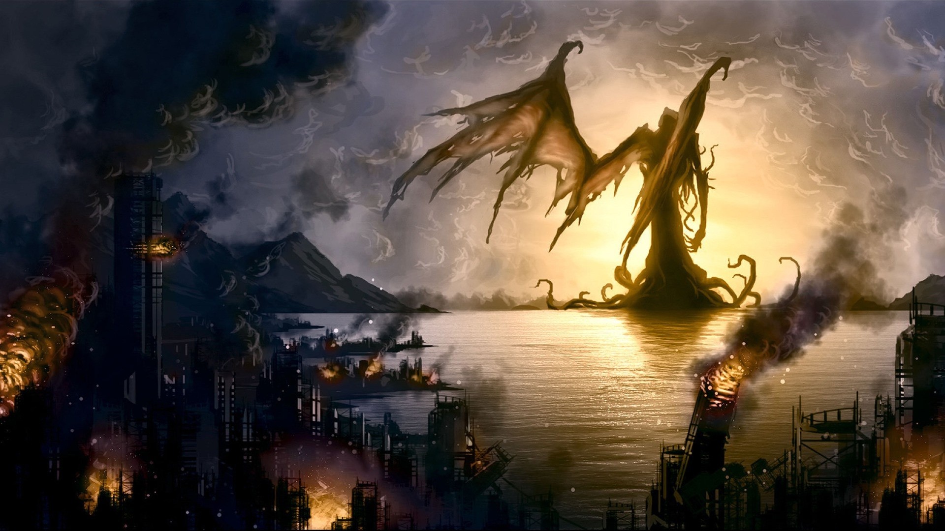 Cthulhu rises from the sea over a burning city HD Wallpaper