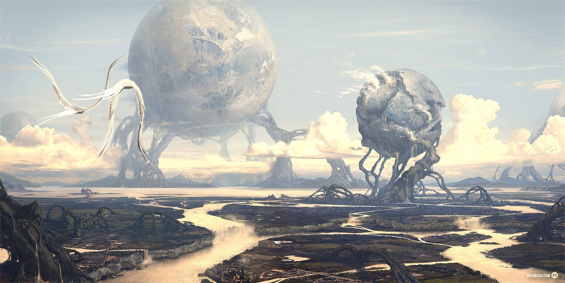 Alien landscape with giant organic structures and flying creatures HD Wallpaper