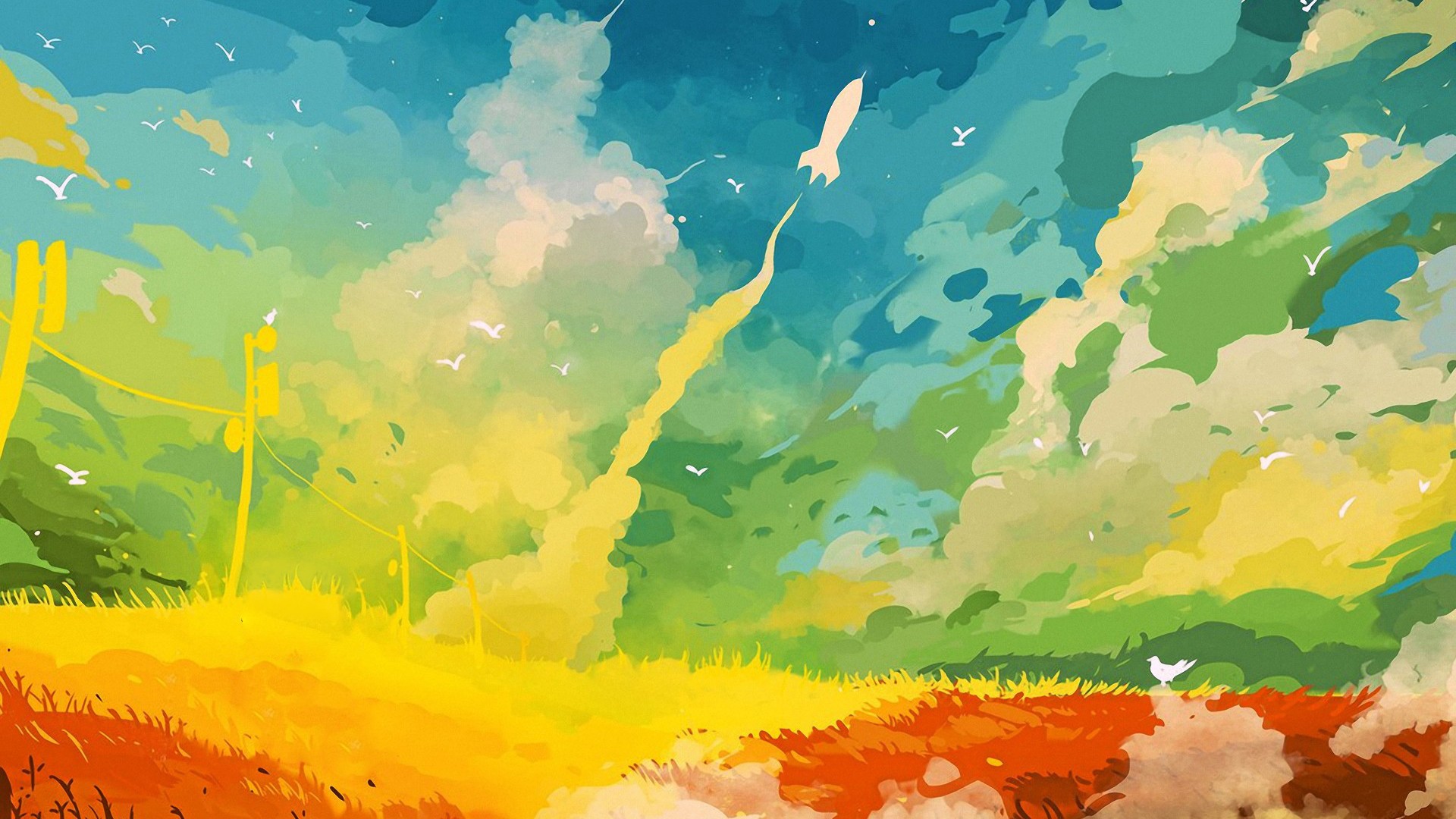 Colorful artwork of a rocket launch HD Wallpaper
