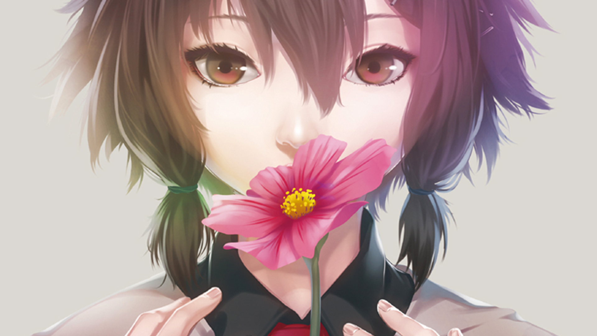 Anime girl holding a pink flower HD Wallpaper