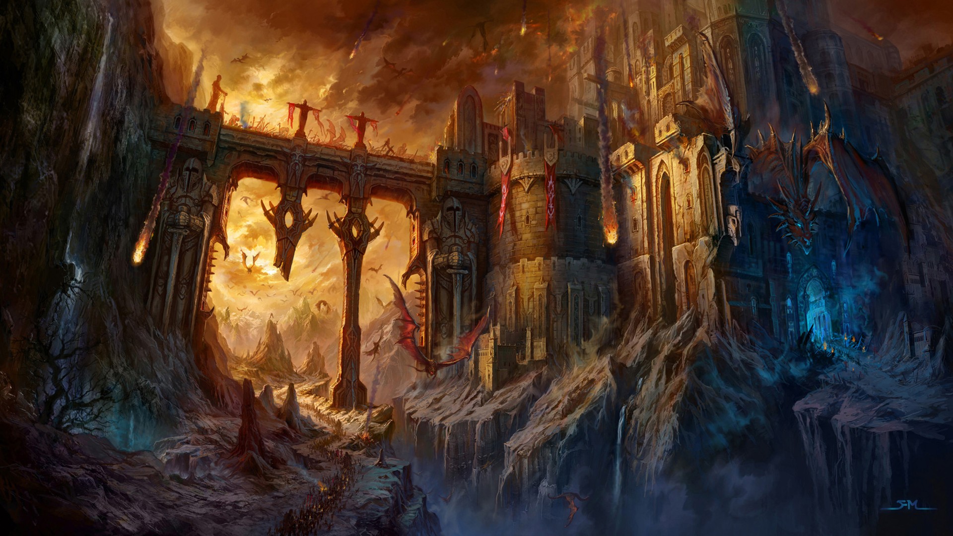 Fantasy art of dragons attacking a castle HD Wallpaper