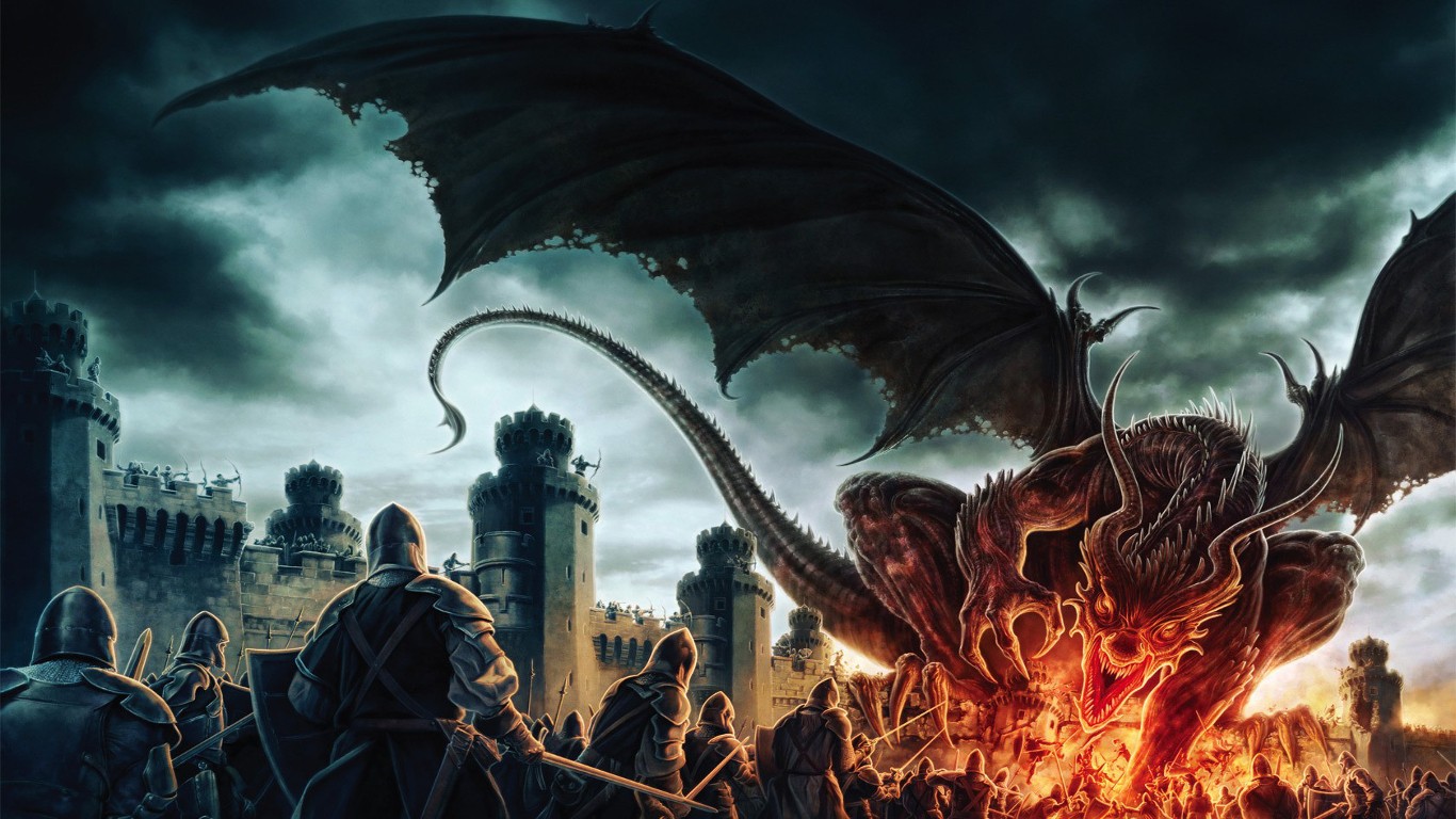 Dragon attacking a medieval castle with knights HD Wallpaper