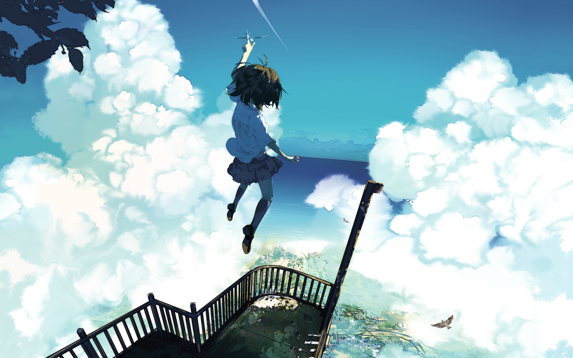Anime girl jumping from a balcony into the clouds HD Wallpaper