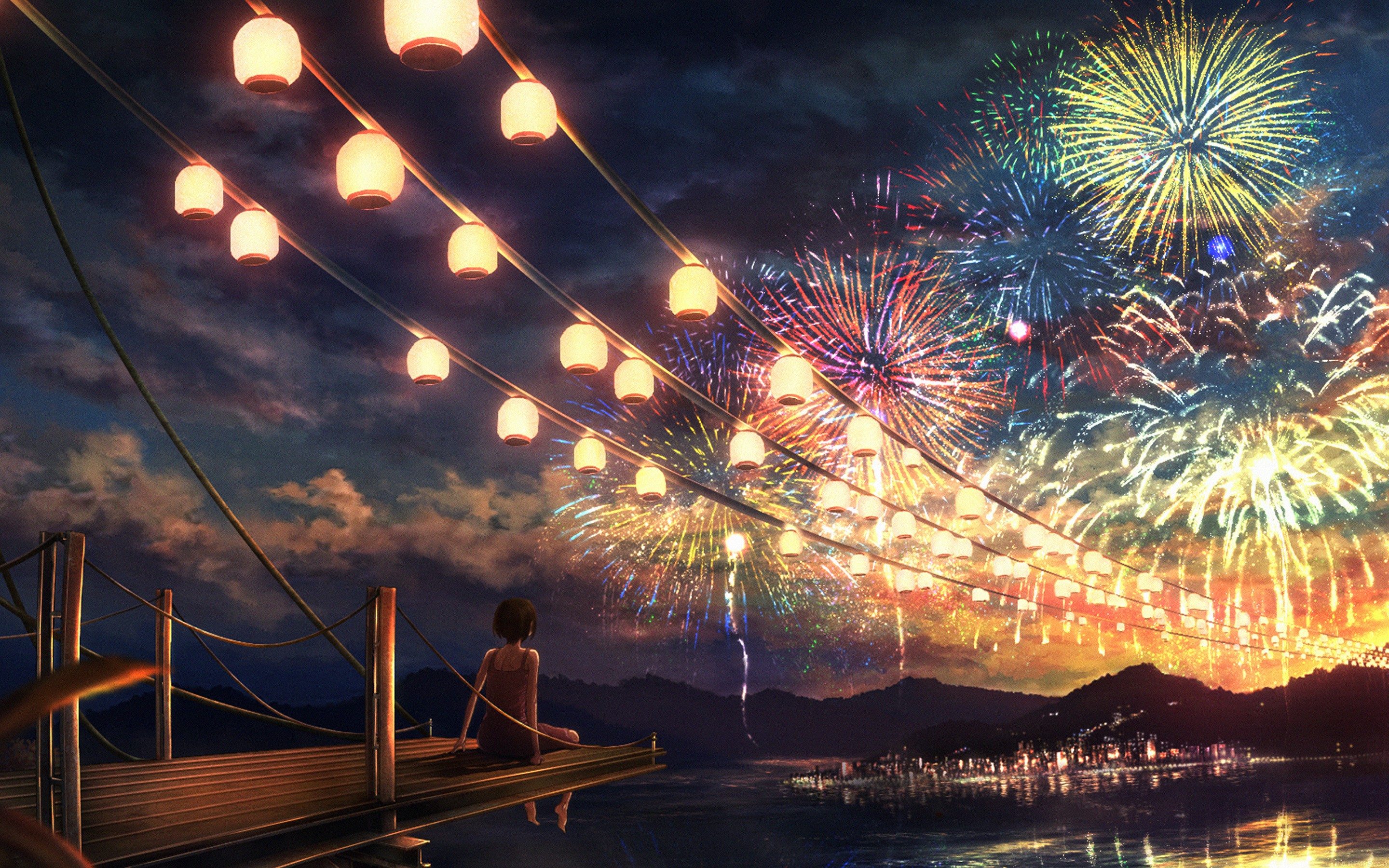 Anime girl watching fireworks over a river at night HD Wallpaper