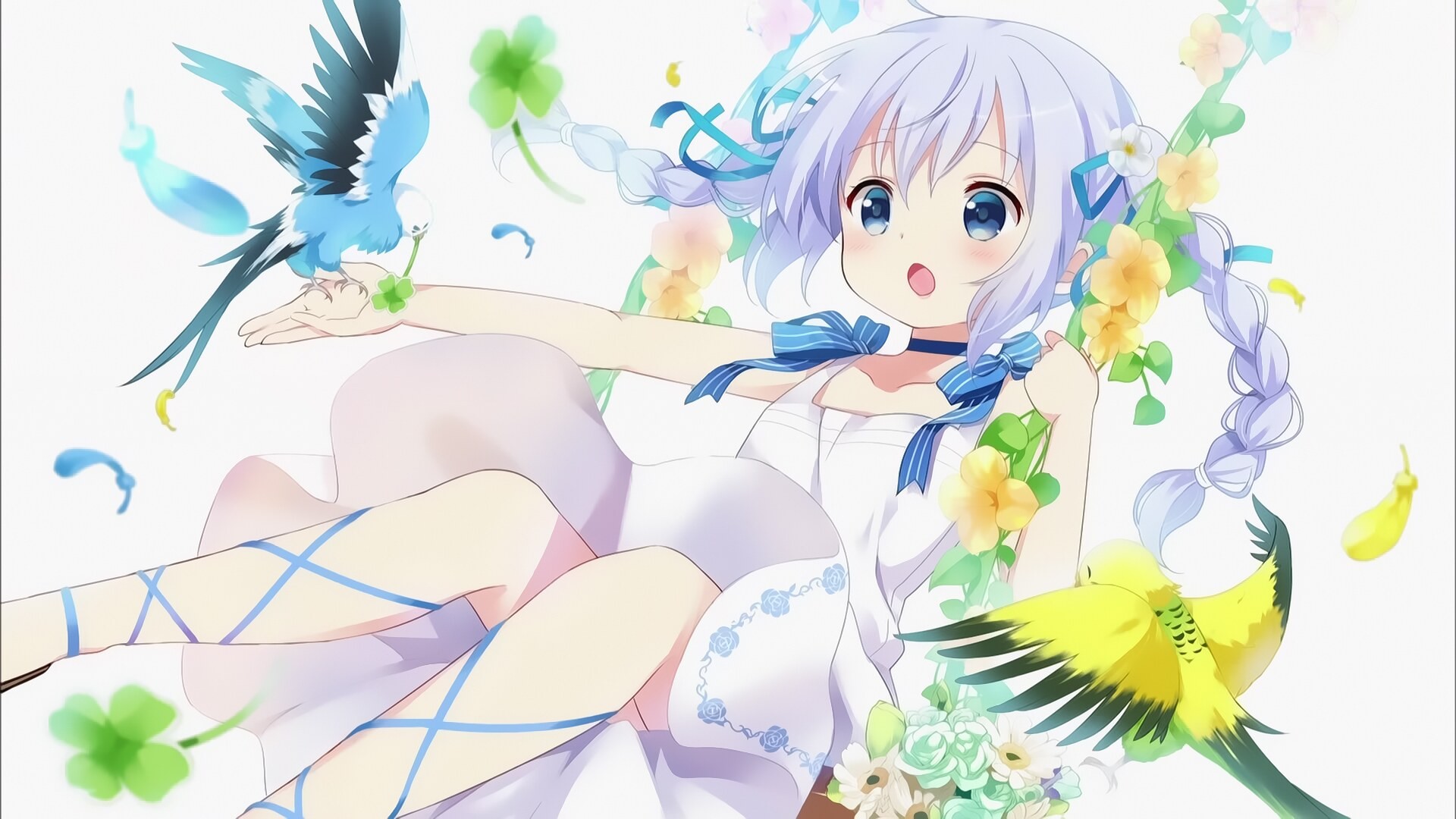 Kafuu Chino with Birds and Flowers HD Wallpaper