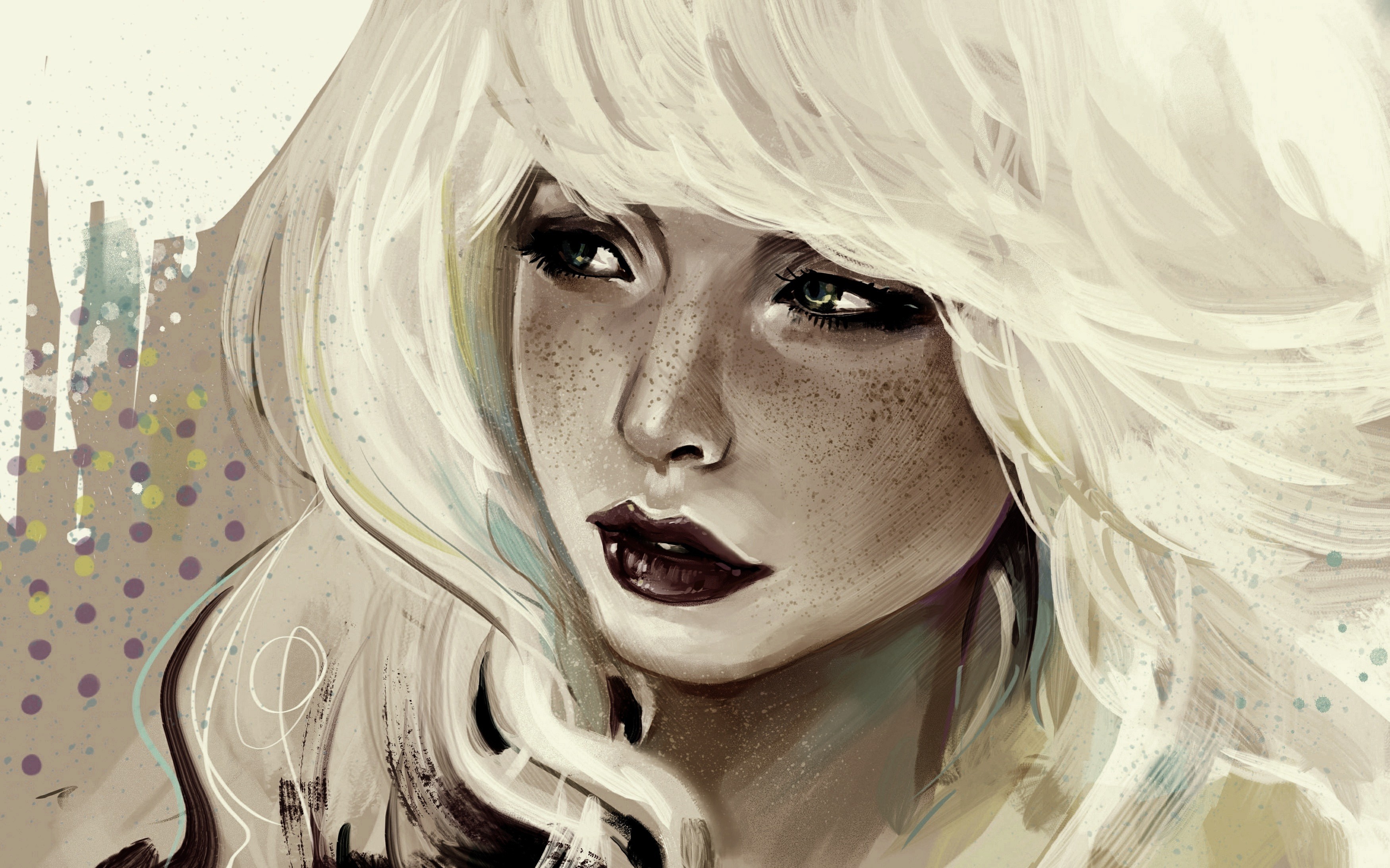 Artwork of a woman with blonde hair and freckles HD Wallpaper