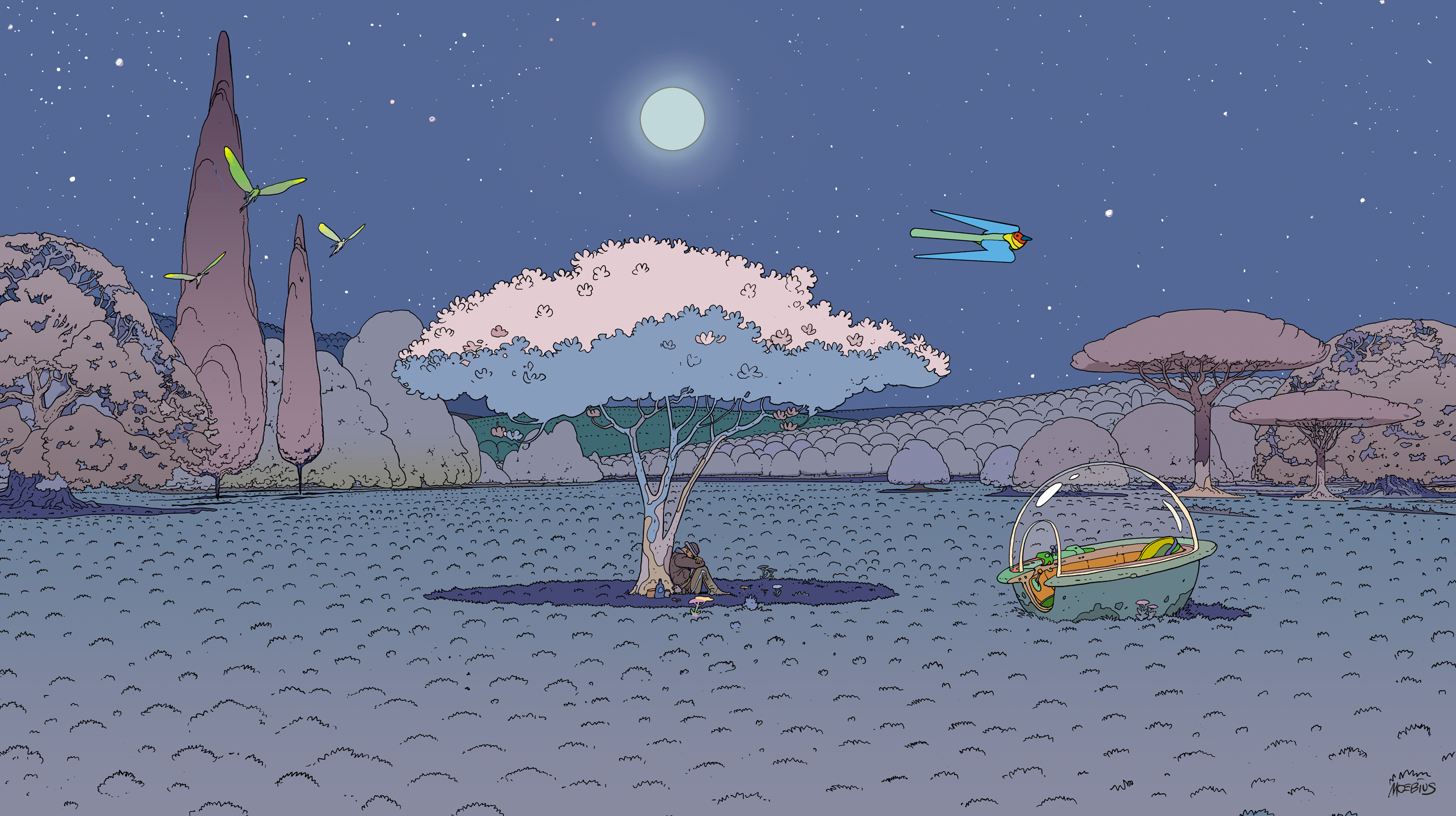 Mœbius comic art of an alien landscape at night HD Wallpaper
