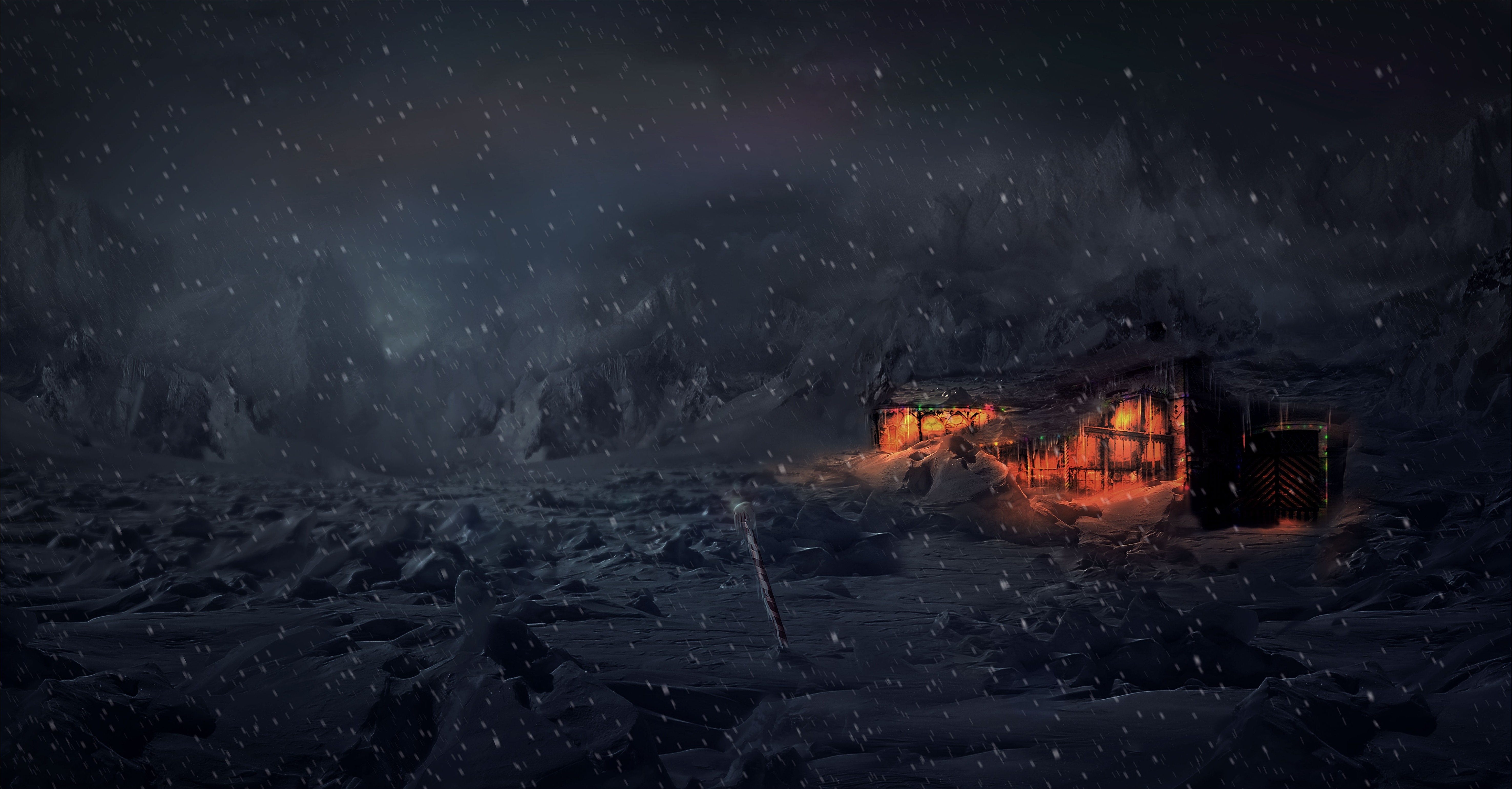 Digital art render of a snowy cabin at night HD Wallpaper