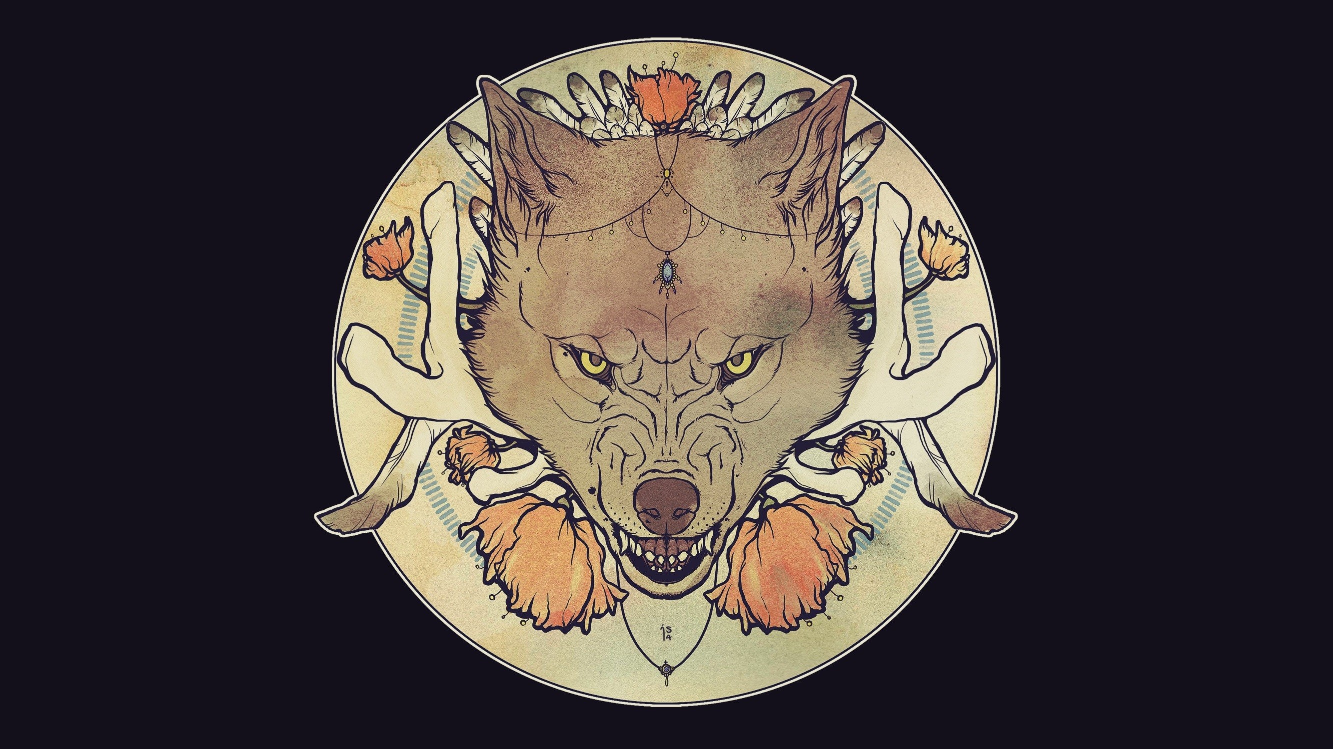 Stylized wolf head with hands and flowers HD Wallpaper