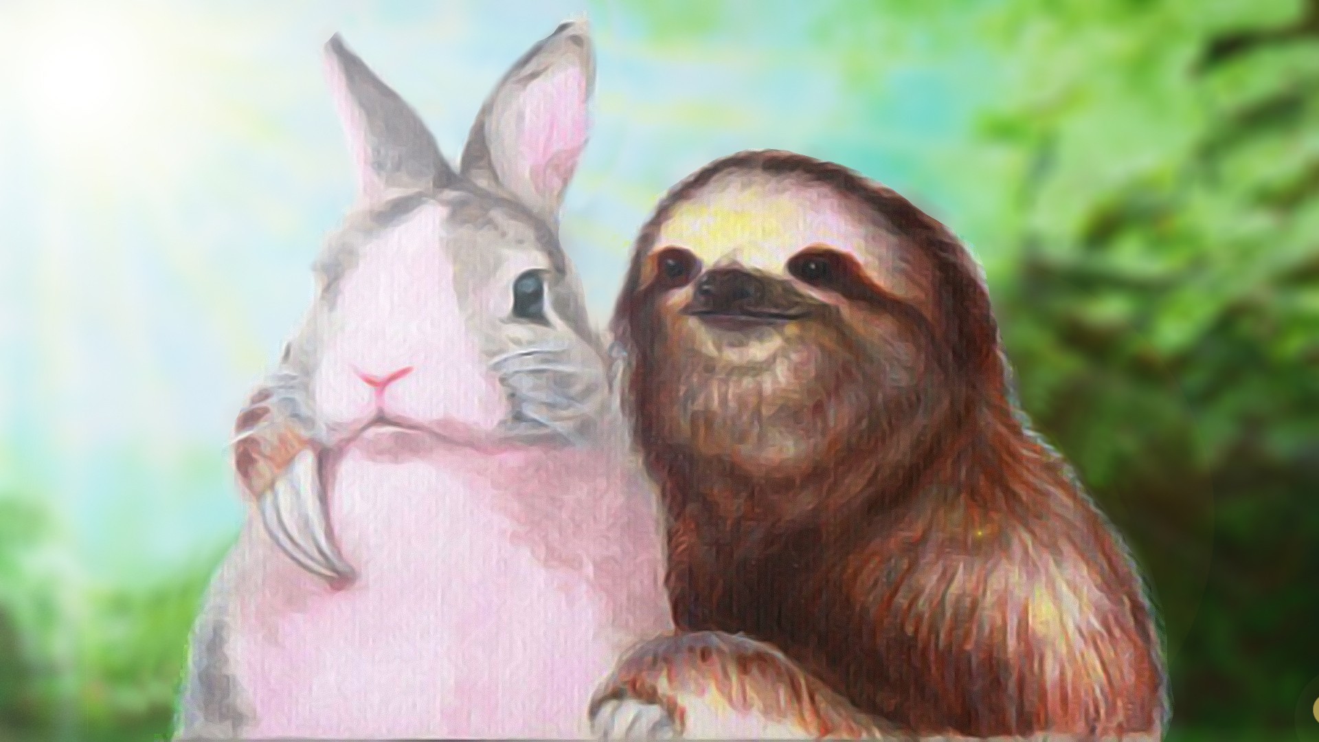 A rabbit and a sloth hugging HD Wallpaper