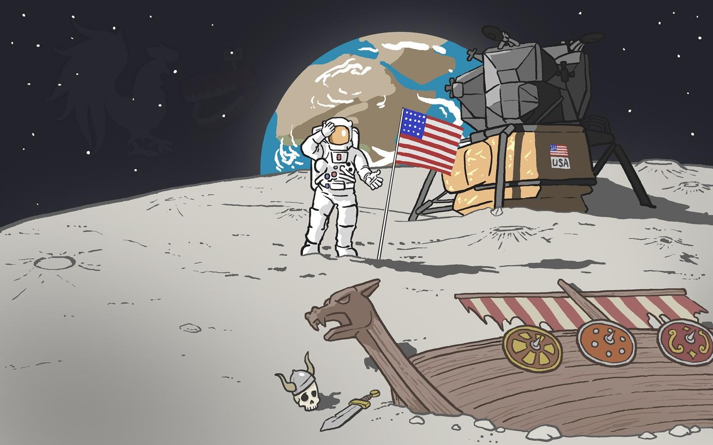 Astronaut on the Moon with Viking Shipwreck HD Wallpaper