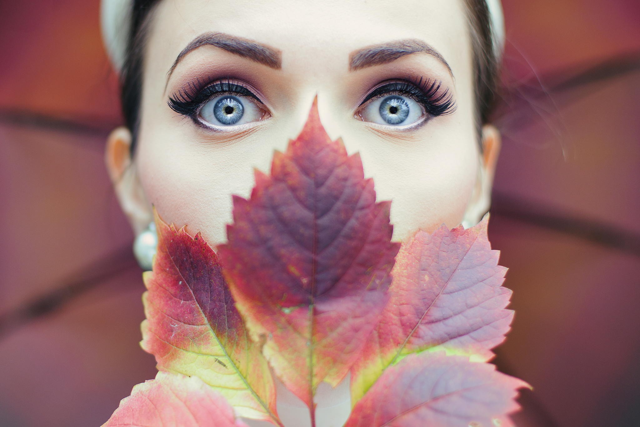 Woman with blue eyes holding autumn leaves HD Wallpaper