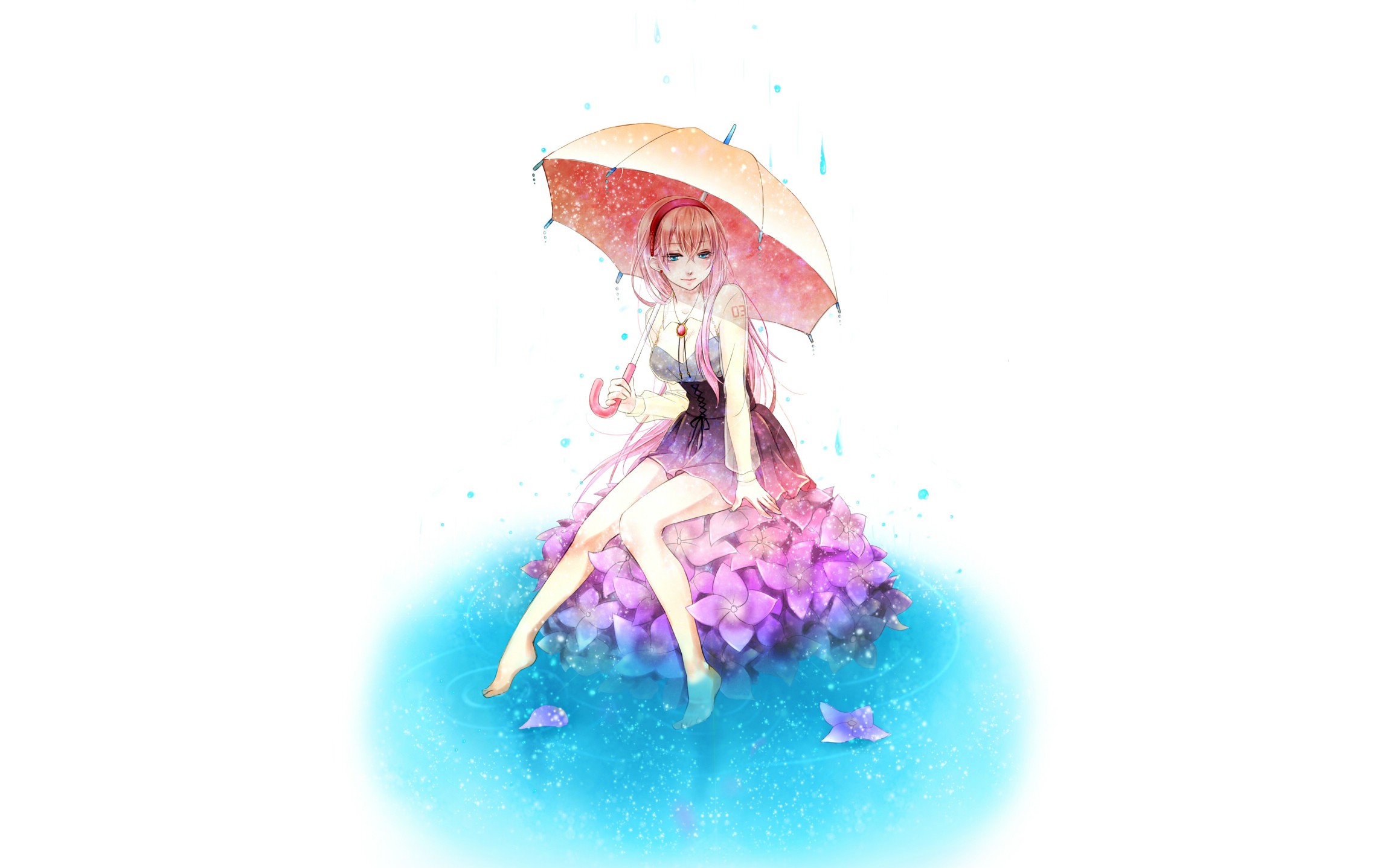 Megurine Luka sitting on flowers in the rain with an umbrella HD Wallpaper