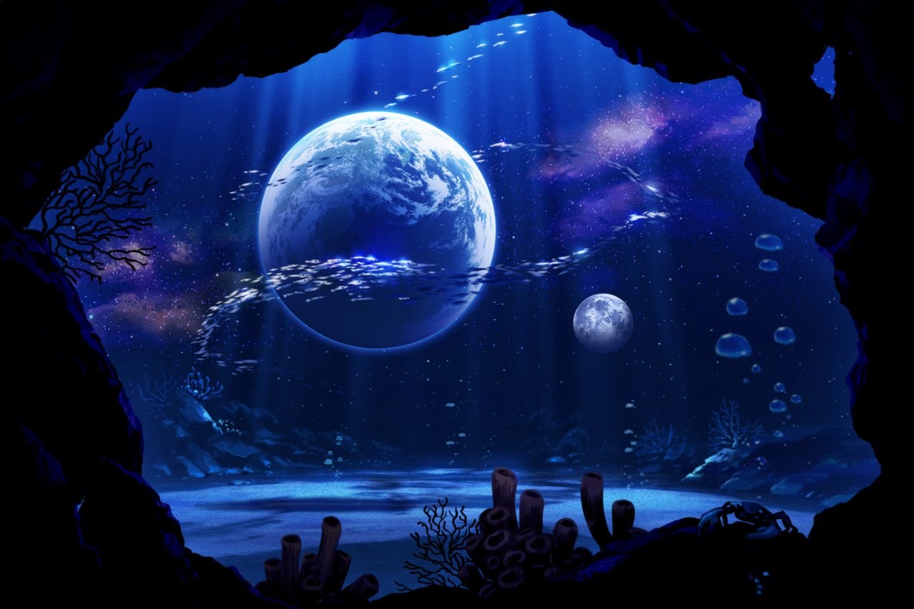 Underwater scene with planets and fish HD Wallpaper