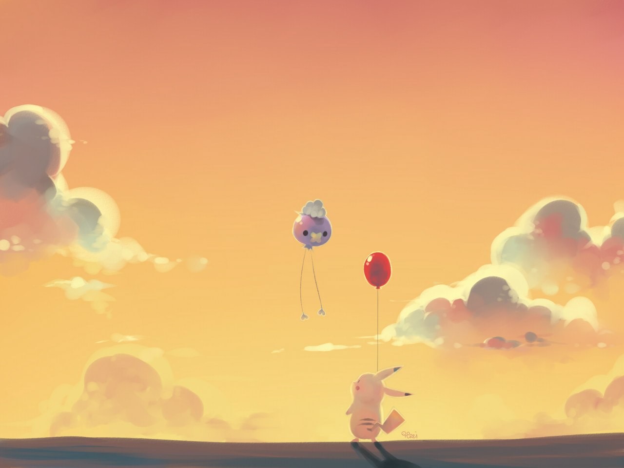 Pikachu and a purple Pokemon holding balloons HD Wallpaper