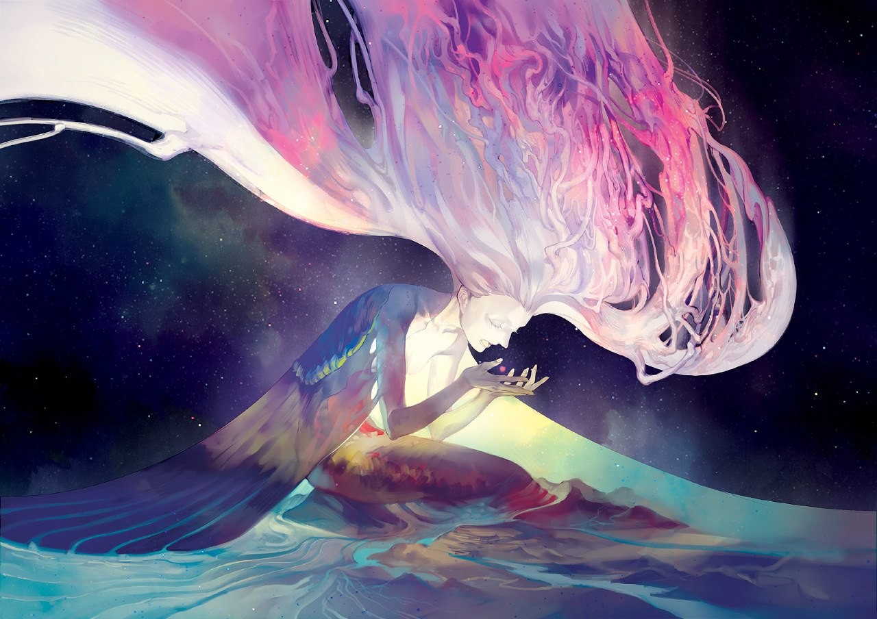 Artwork of a figure with long flowing hair in space HD Wallpaper