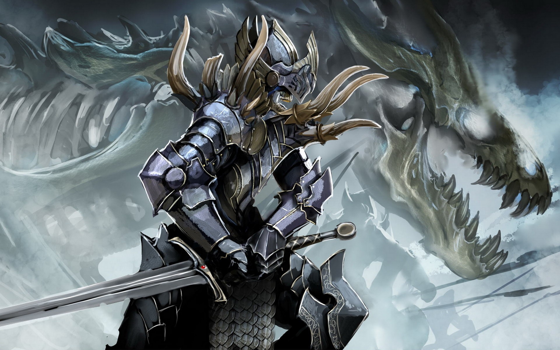Knight in armor with a skeletal dragon HD Wallpaper