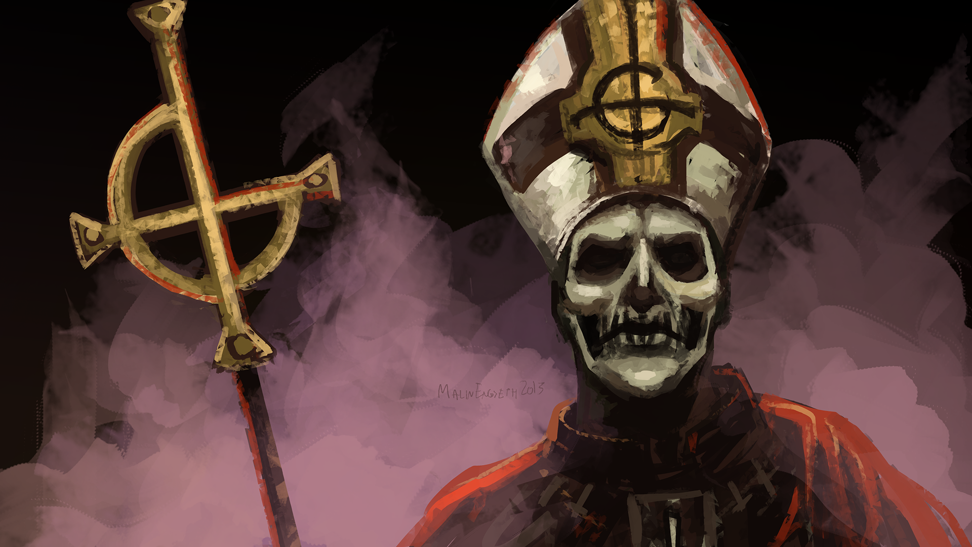Papa Emeritus IV from Ghost B.C. holding a staff HD Wallpaper