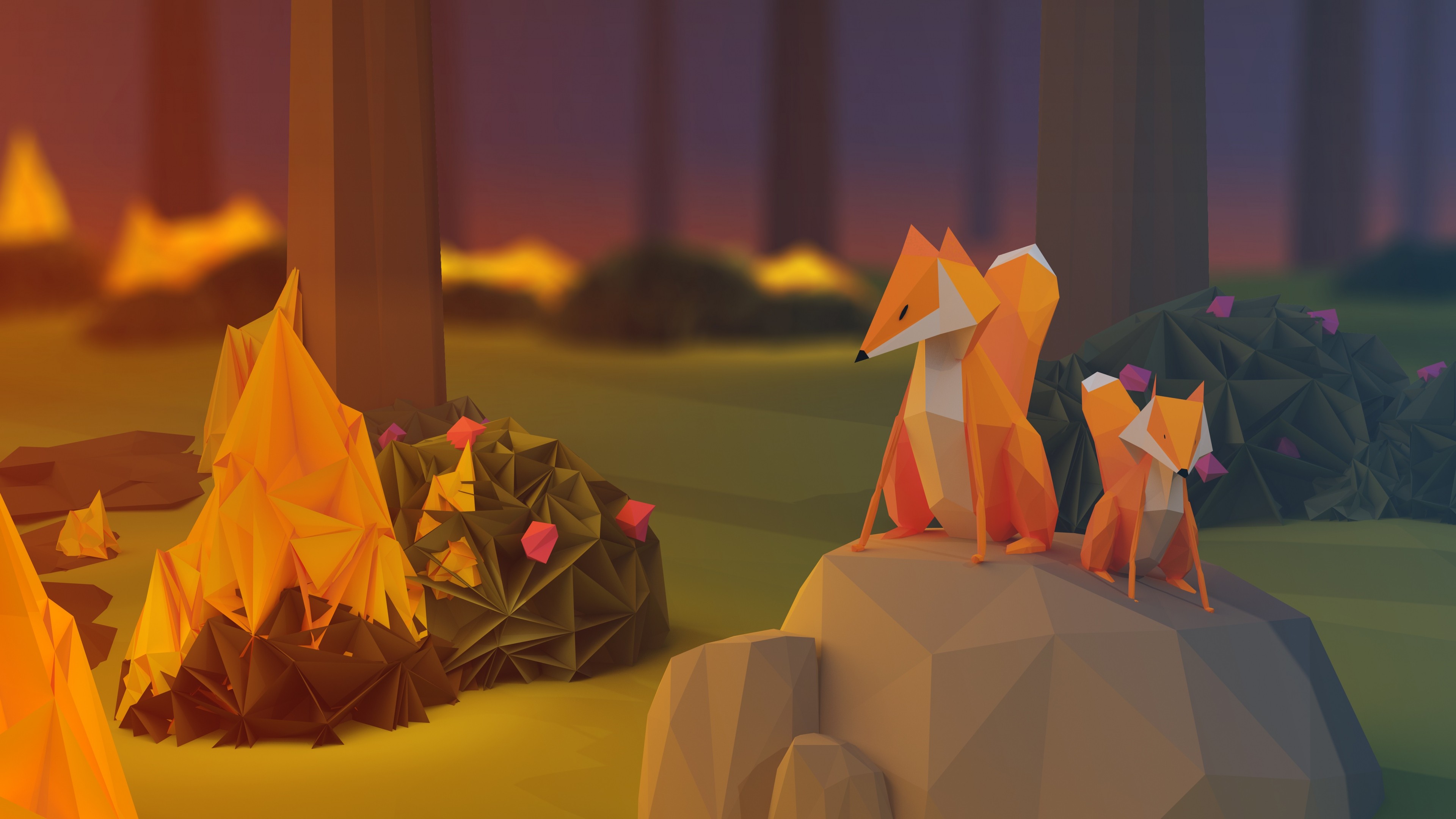 Two foxes in a low-poly forest at dusk HD Wallpaper