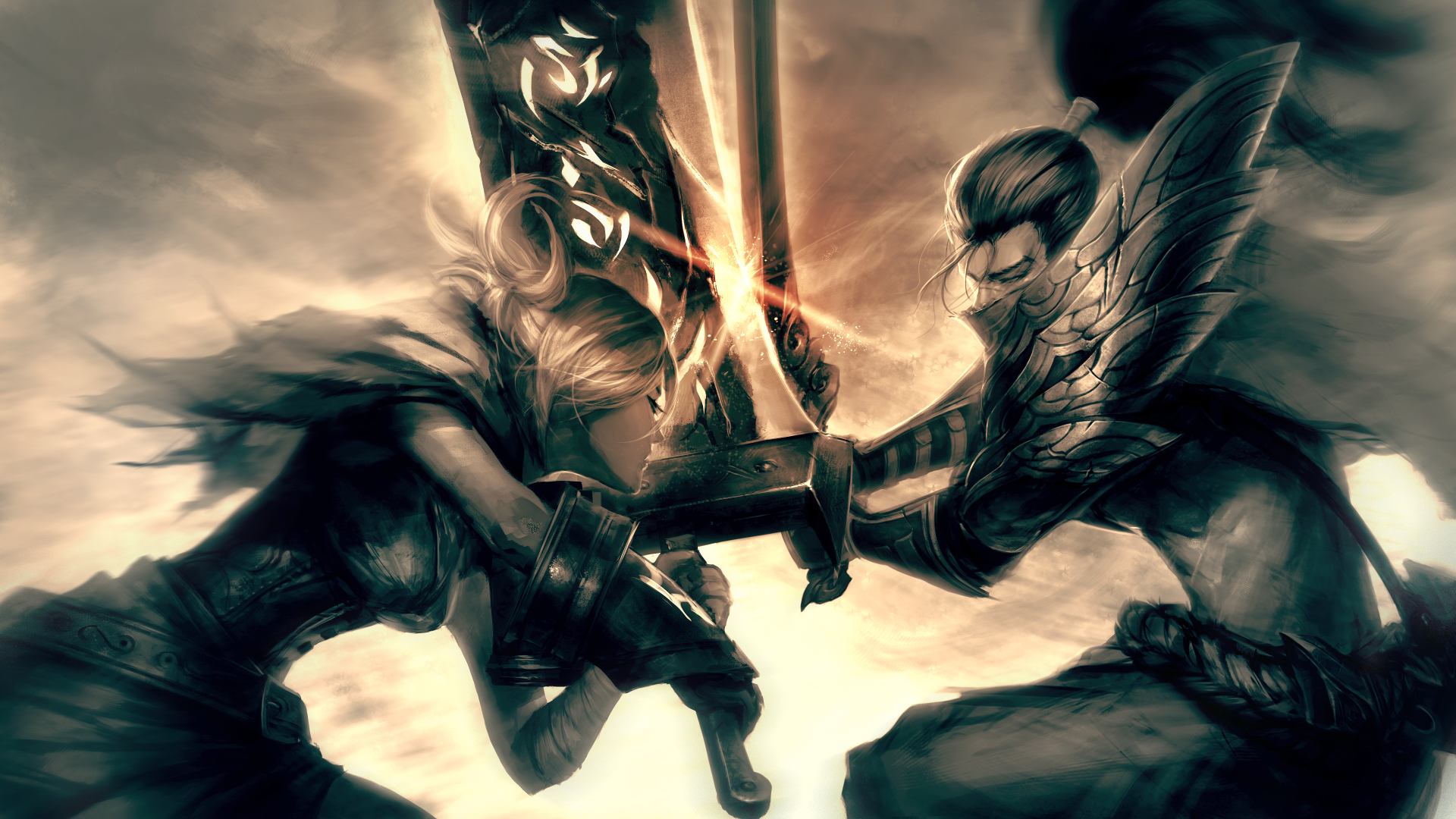 Riven and Yasuo clash swords in League of Legends HD Wallpaper