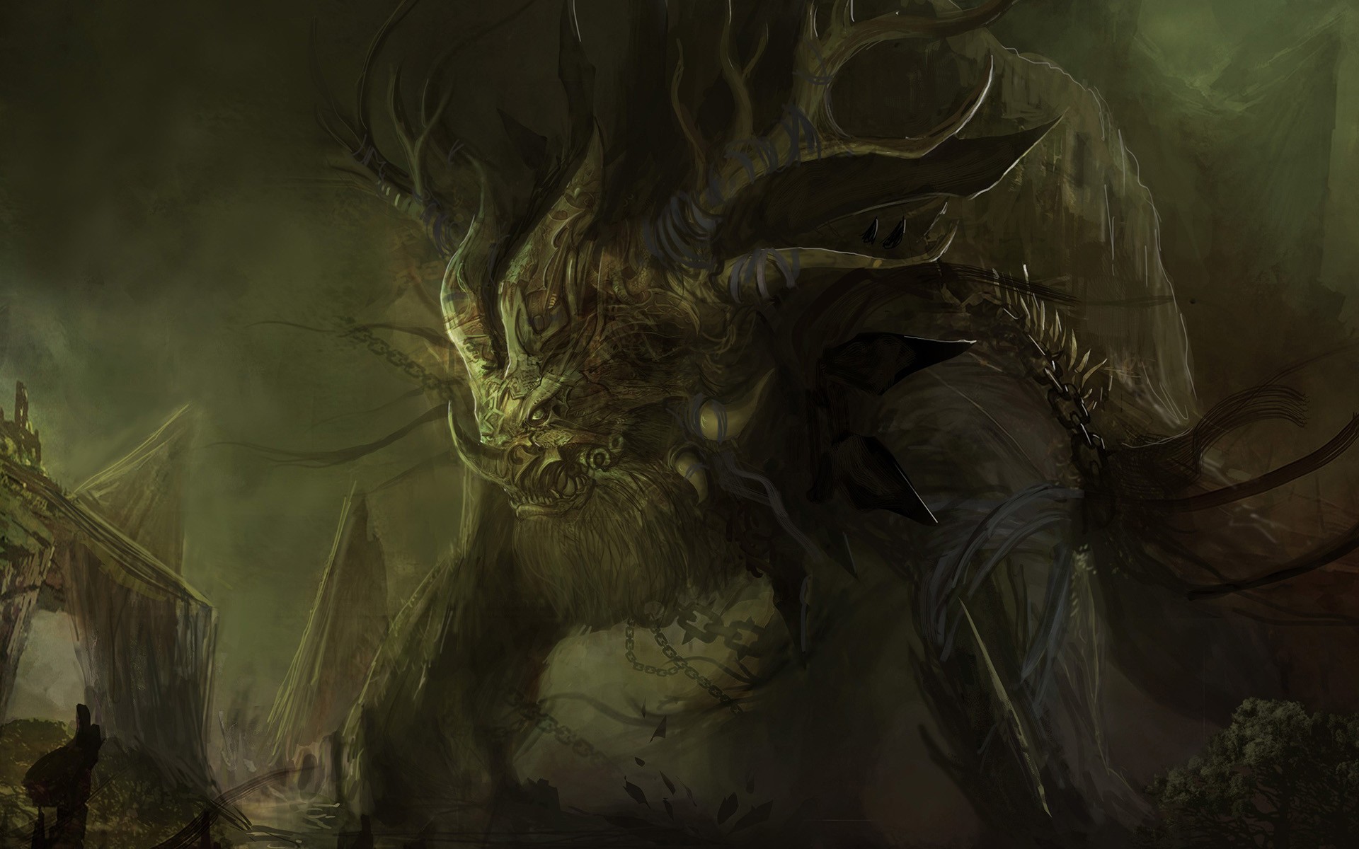 Fantasy art of a monstrous creature in ruins HD Wallpaper