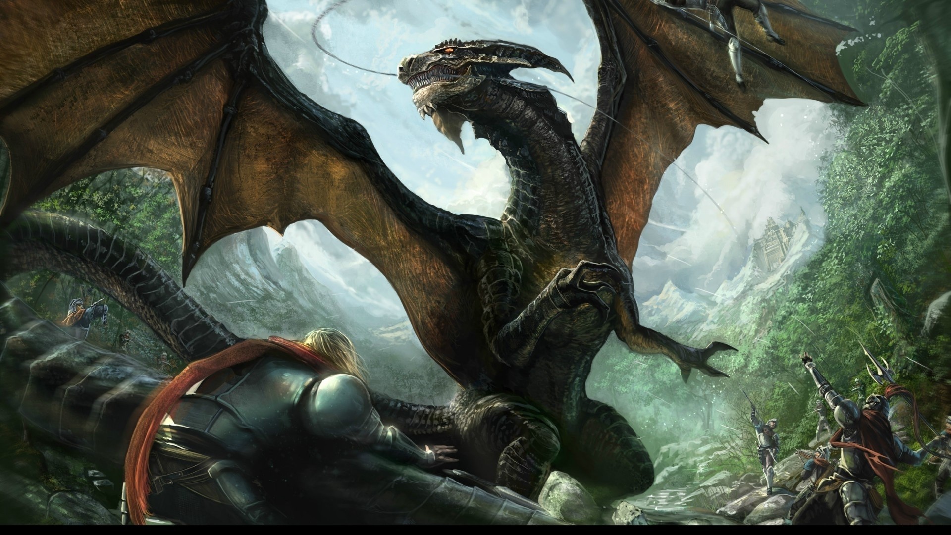 Dragon attacking knights in a forest HD Wallpaper