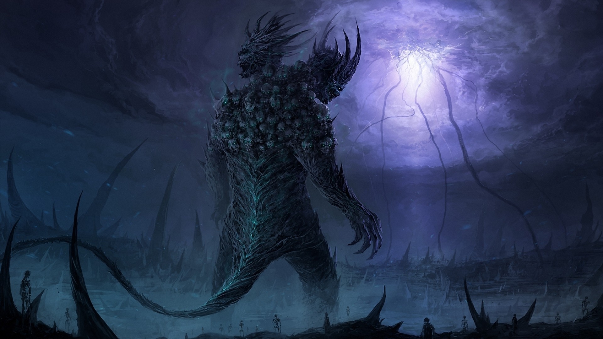 Giant two-headed monster covered in skulls in a dark fantasy landscape HD Wallpaper