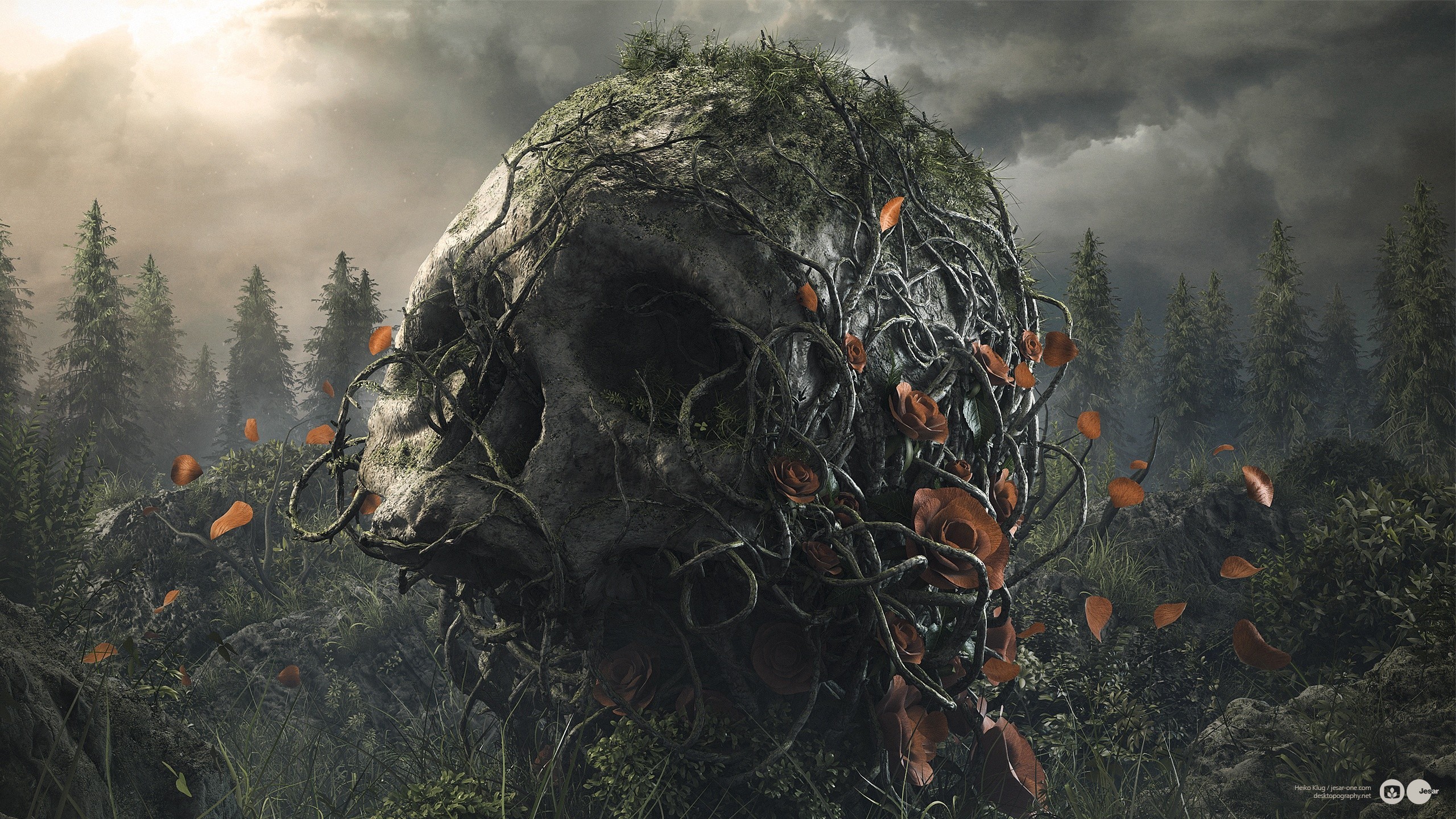 Giant Skull overgrown with vines and roses in a forest HD Wallpaper