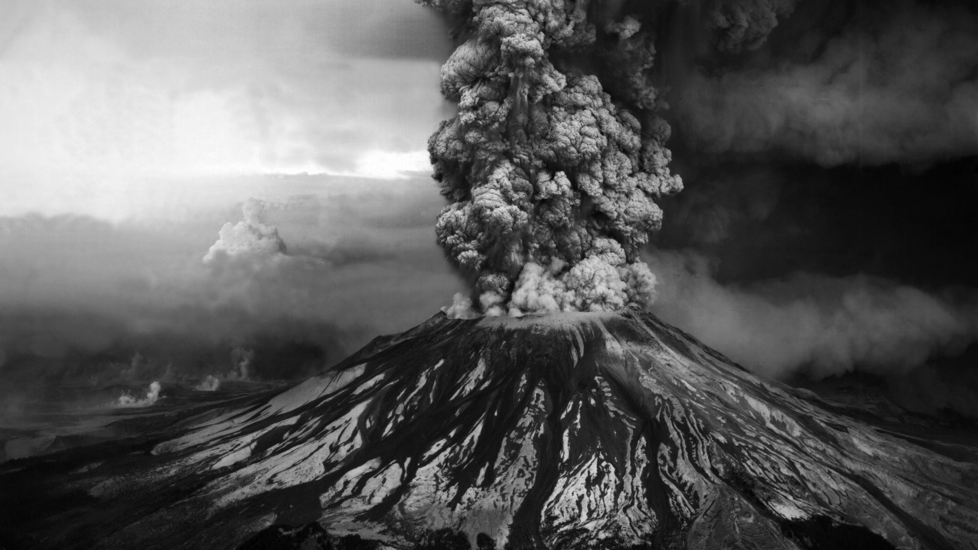 Mount St. Helens volcano erupting in monochrome HD Wallpaper