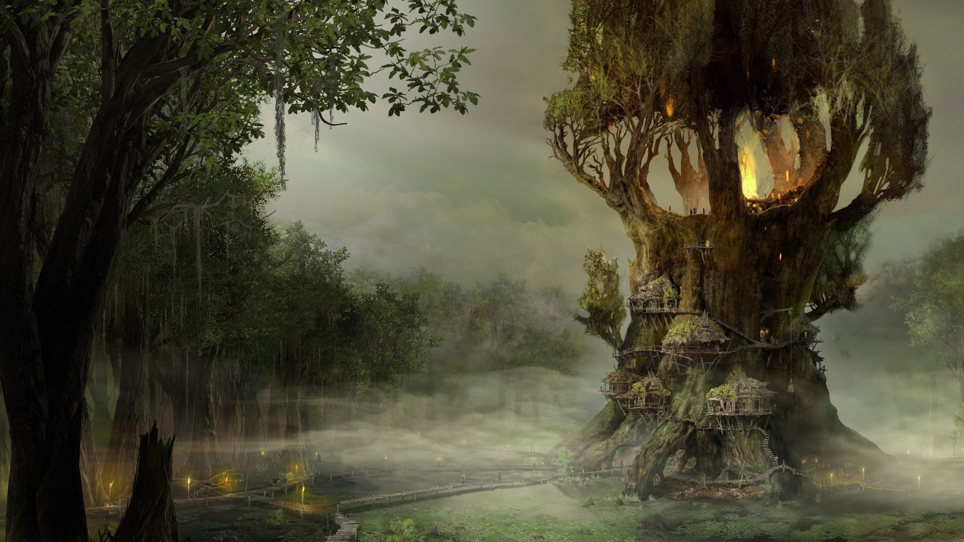 Fantasy forest with a giant treehouse village HD Wallpaper