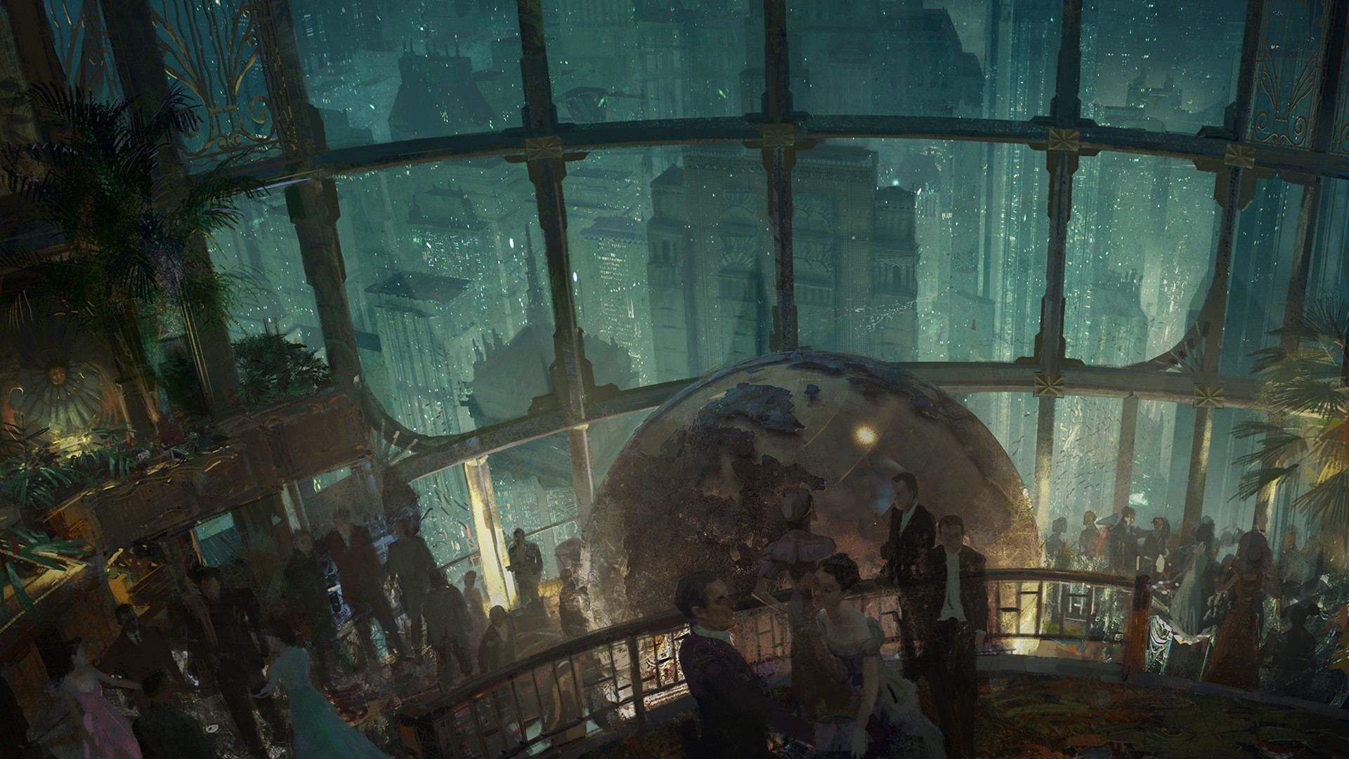 Rapture ballroom with a large globe and city view HD Wallpaper