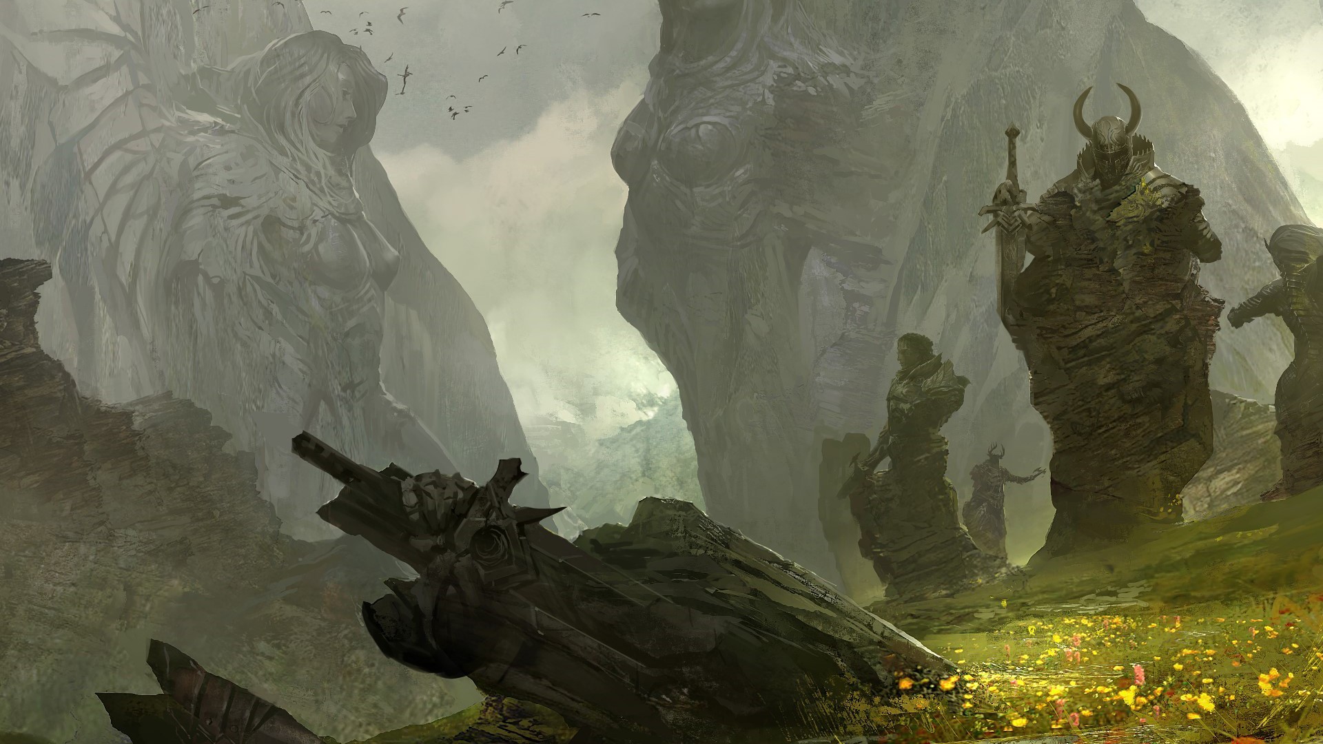 Guild Wars 2 artwork with statues and a warrior HD Wallpaper