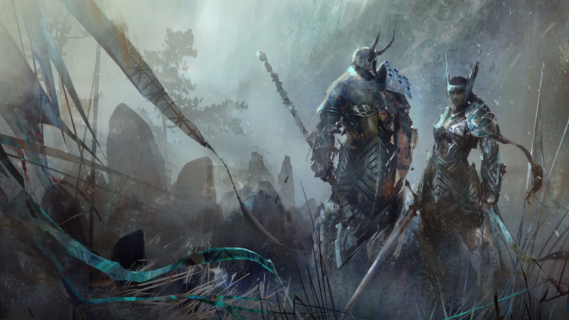 Guild Wars 2 artwork featuring two armored warriors HD Wallpaper