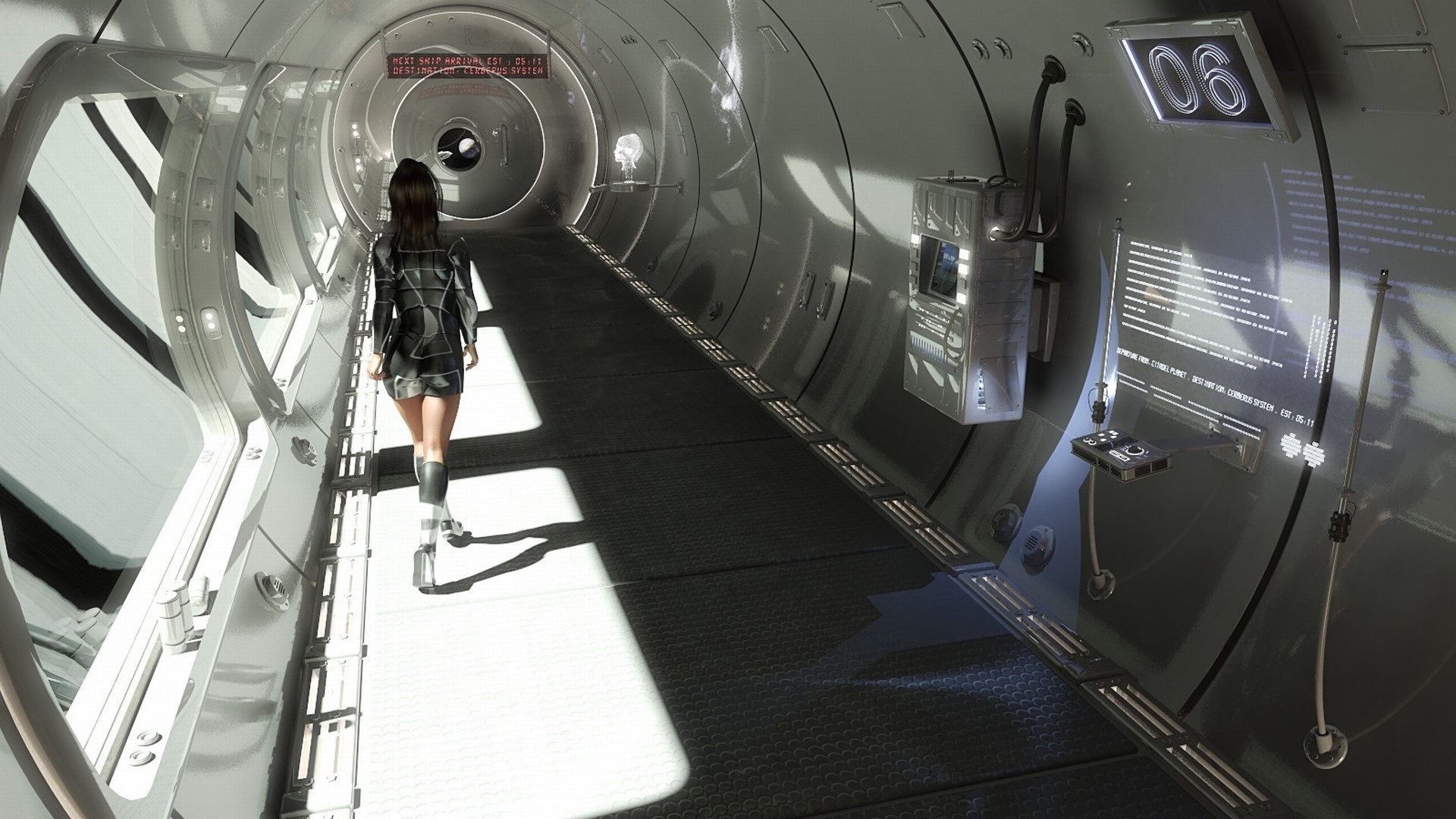 Woman walking in a futuristic spaceship corridor HD Wallpaper