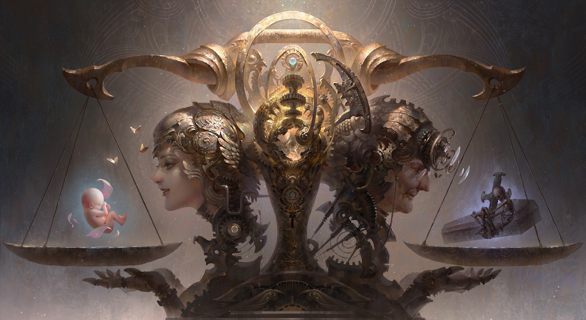 Steampunk scale with baby and coffin by Guangjian Huang HD Wallpaper
