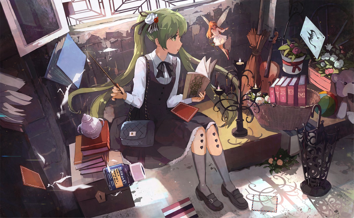 Hatsune Miku reading a book with a fairy HD Wallpaper