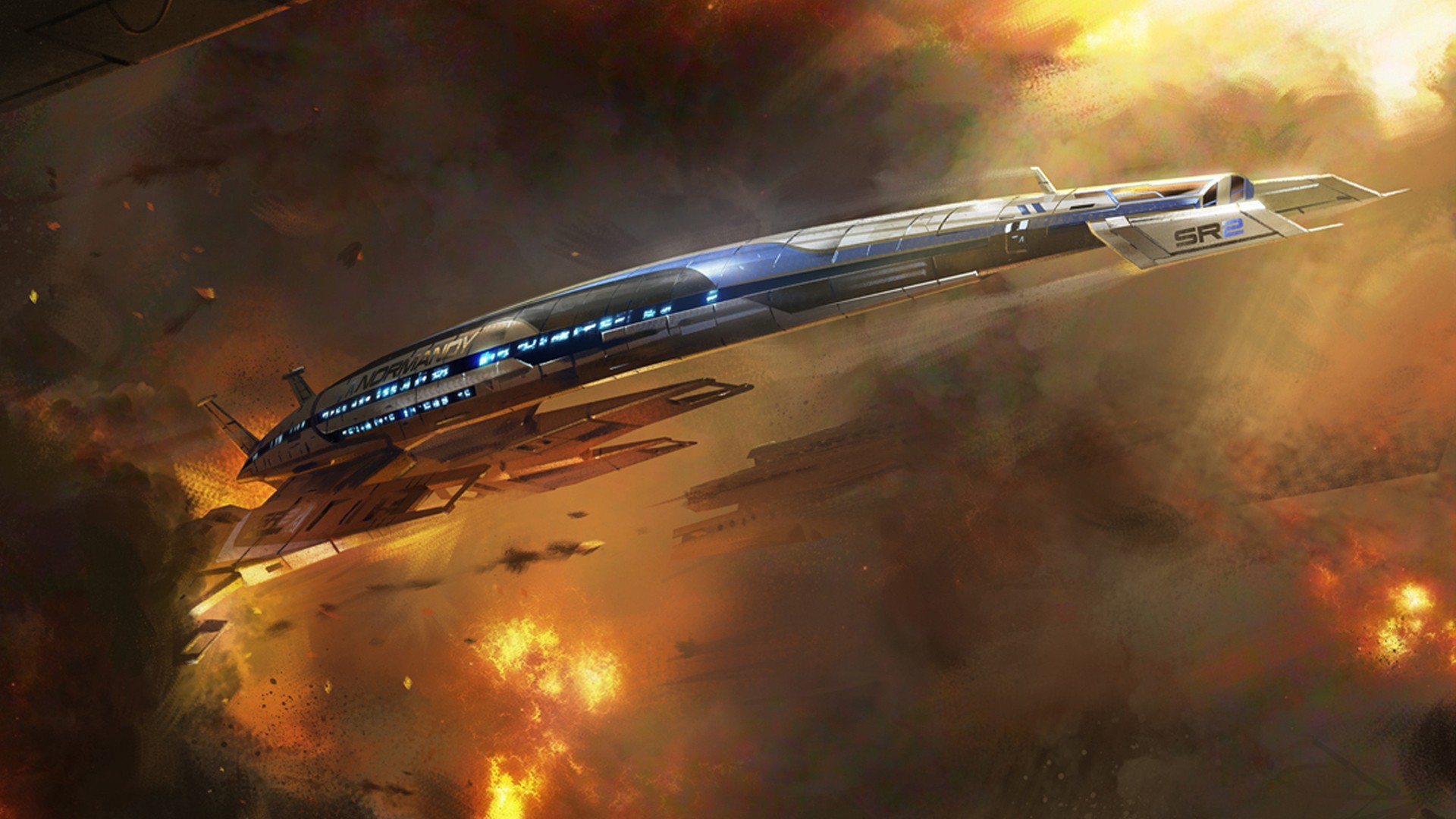 Normandy SR-2 spaceship in a fiery explosion HD Wallpaper