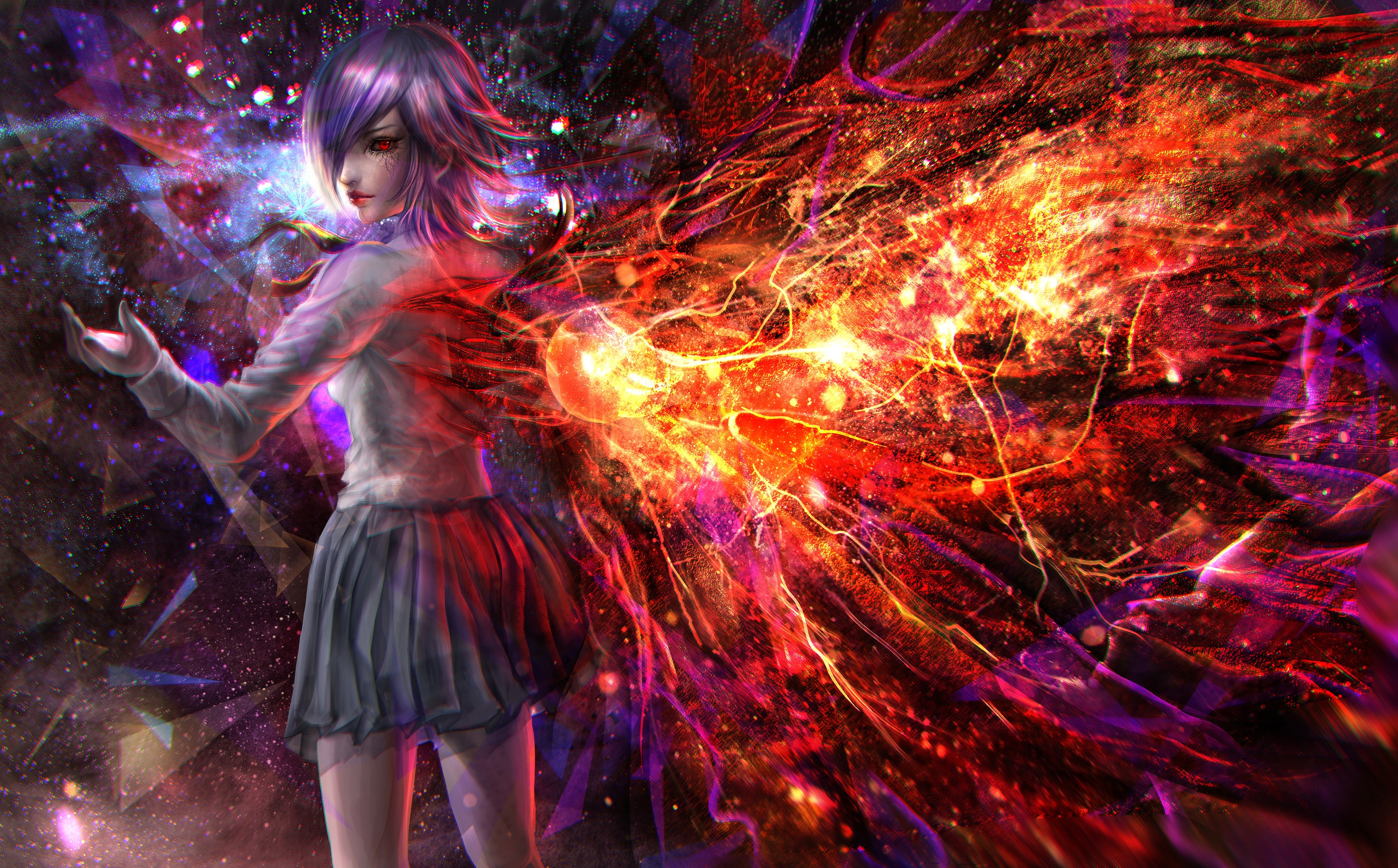 Touka Kirishima with fiery wings in space HD Wallpaper