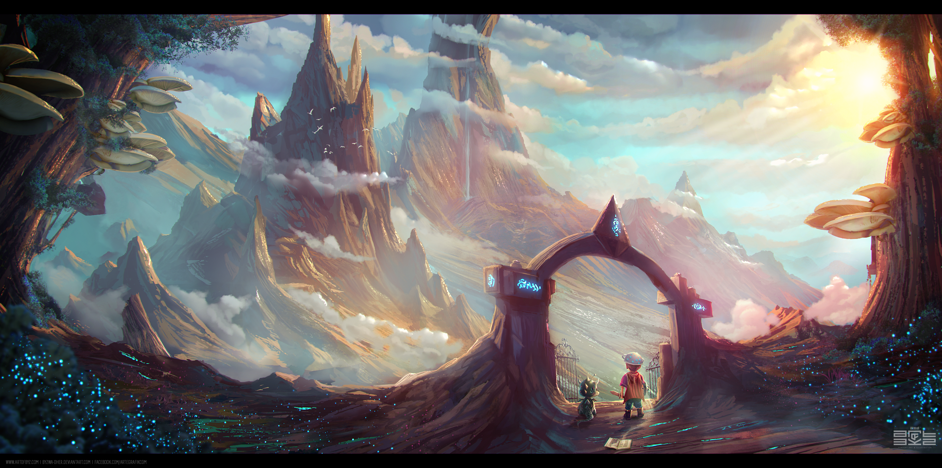 Adventurers in a fantasy mountain landscape HD Wallpaper