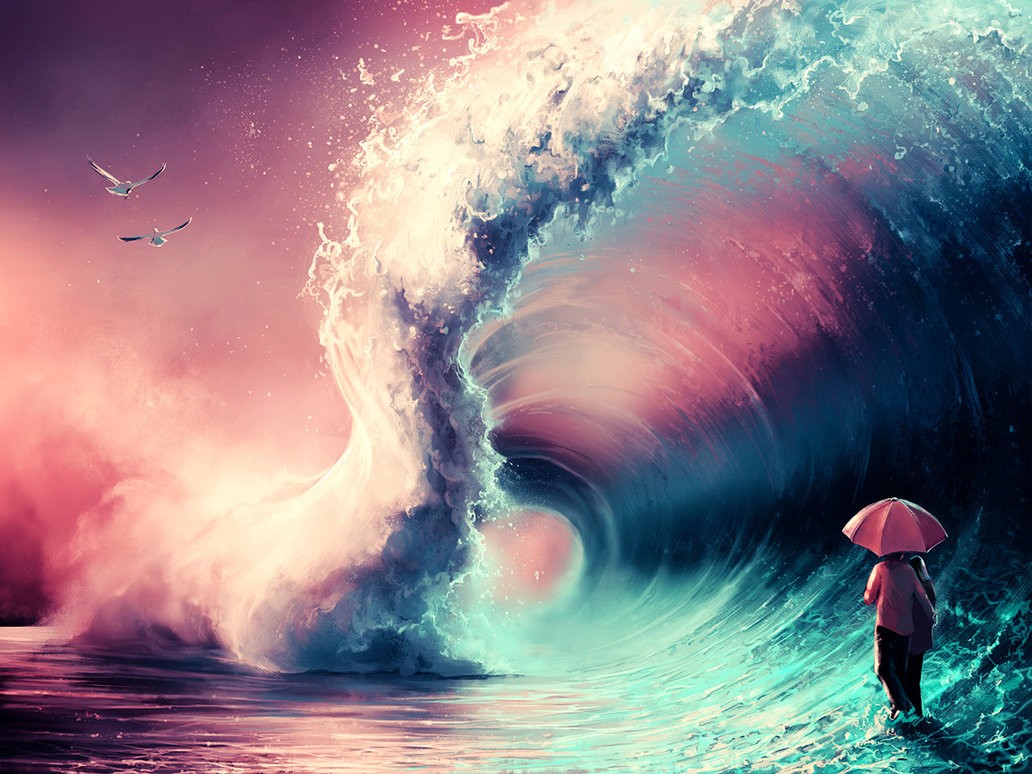 Person with umbrella facing a giant wave with seagulls HD Wallpaper