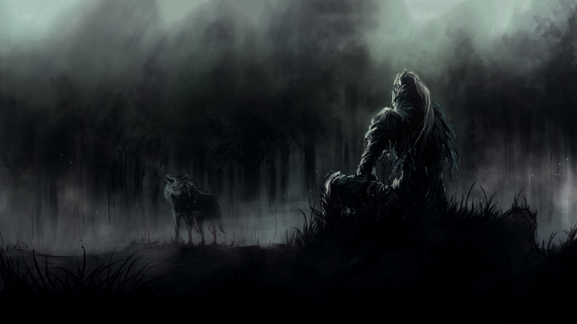 Artorias the Abysswalker and wolf in dark forest HD Wallpaper